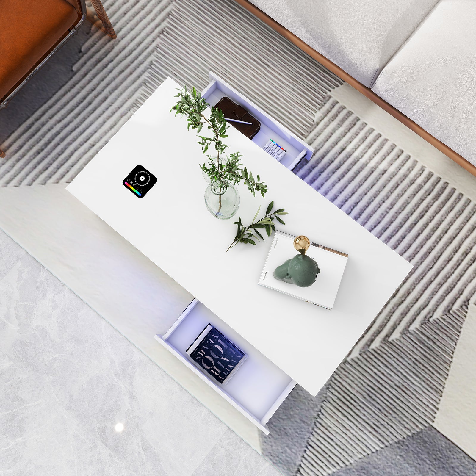 Kyra - LED Coffee Table, Wireless Charger and Bluetooth Speakers - Glossy White