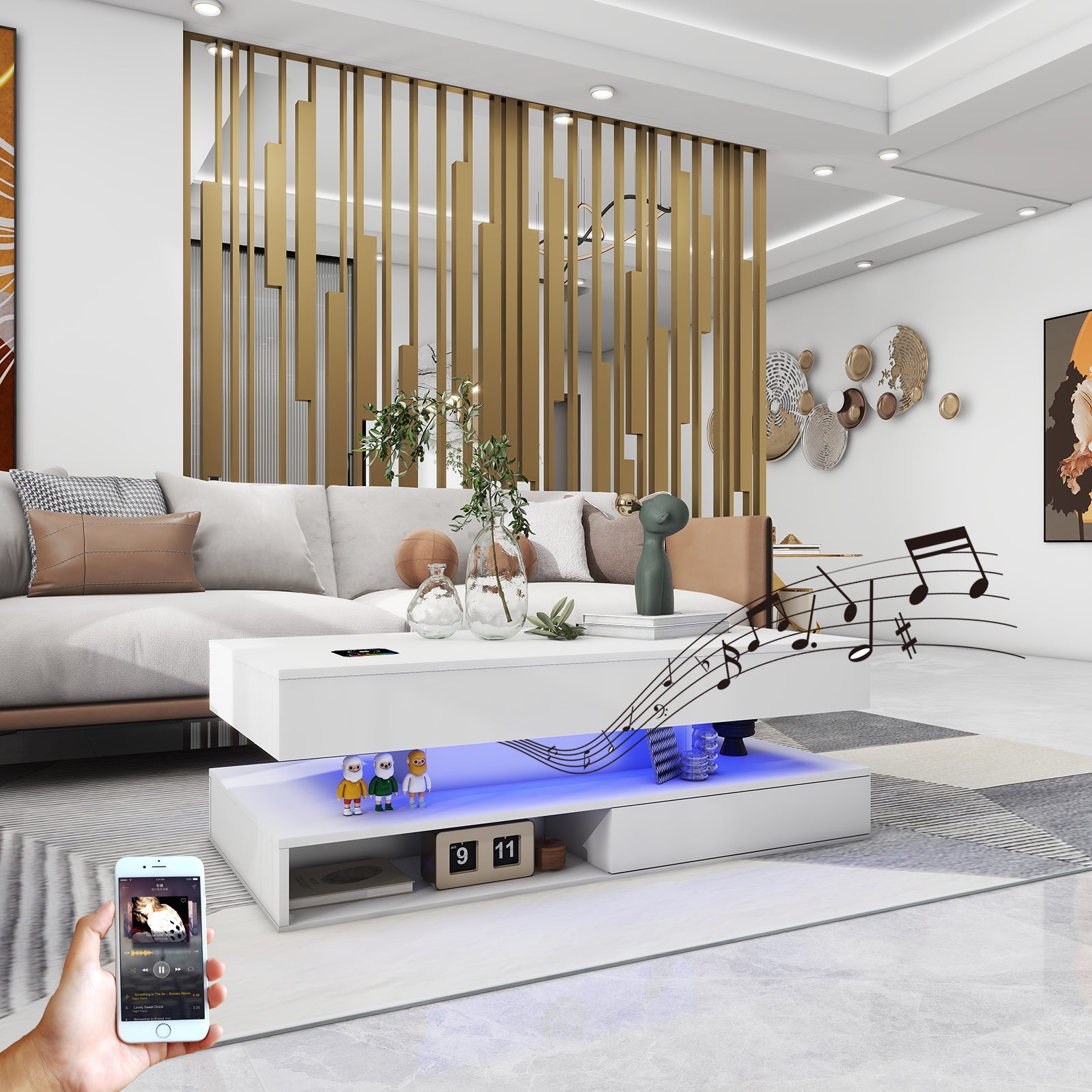 Kyra - LED Coffee Table, Wireless Charger and Bluetooth Speakers - Glossy White