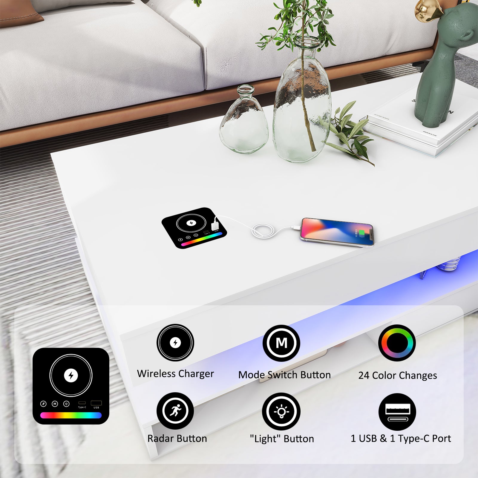 Kyra - LED Coffee Table, Wireless Charger and Bluetooth Speakers - Glossy White