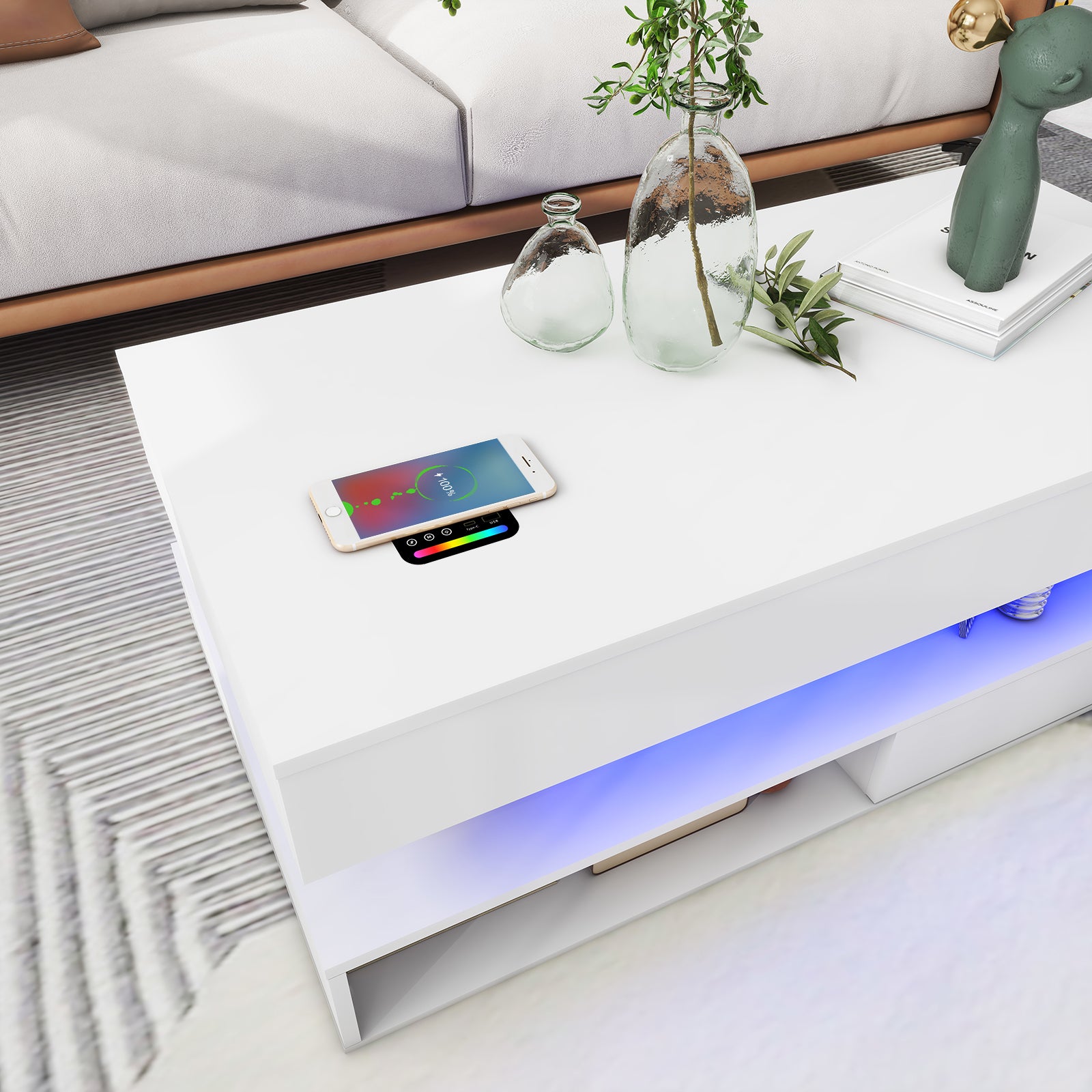 Kyra - LED Coffee Table, Wireless Charger and Bluetooth Speakers - Glossy White