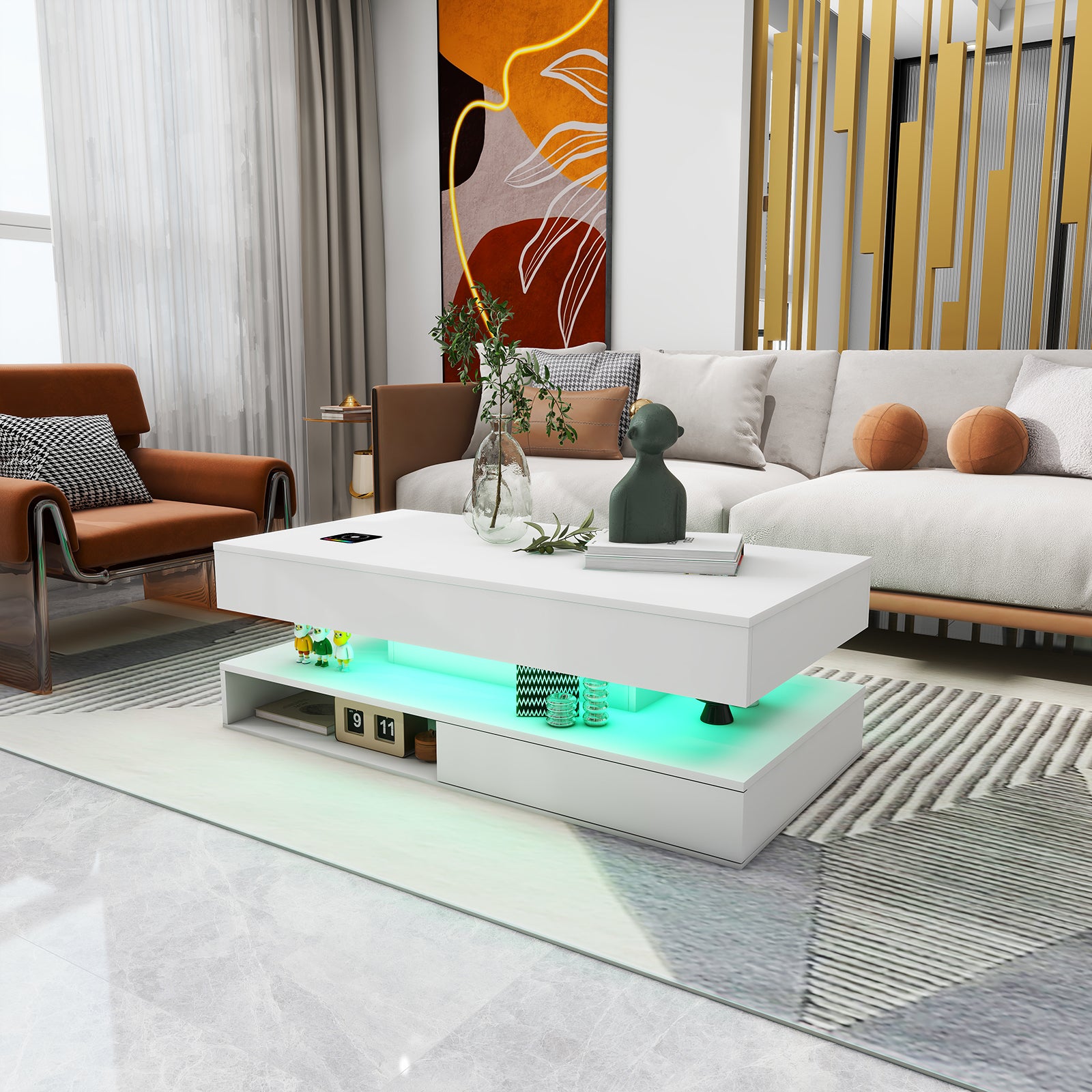 Kyra - LED Coffee Table, Wireless Charger and Bluetooth Speakers - Glossy White