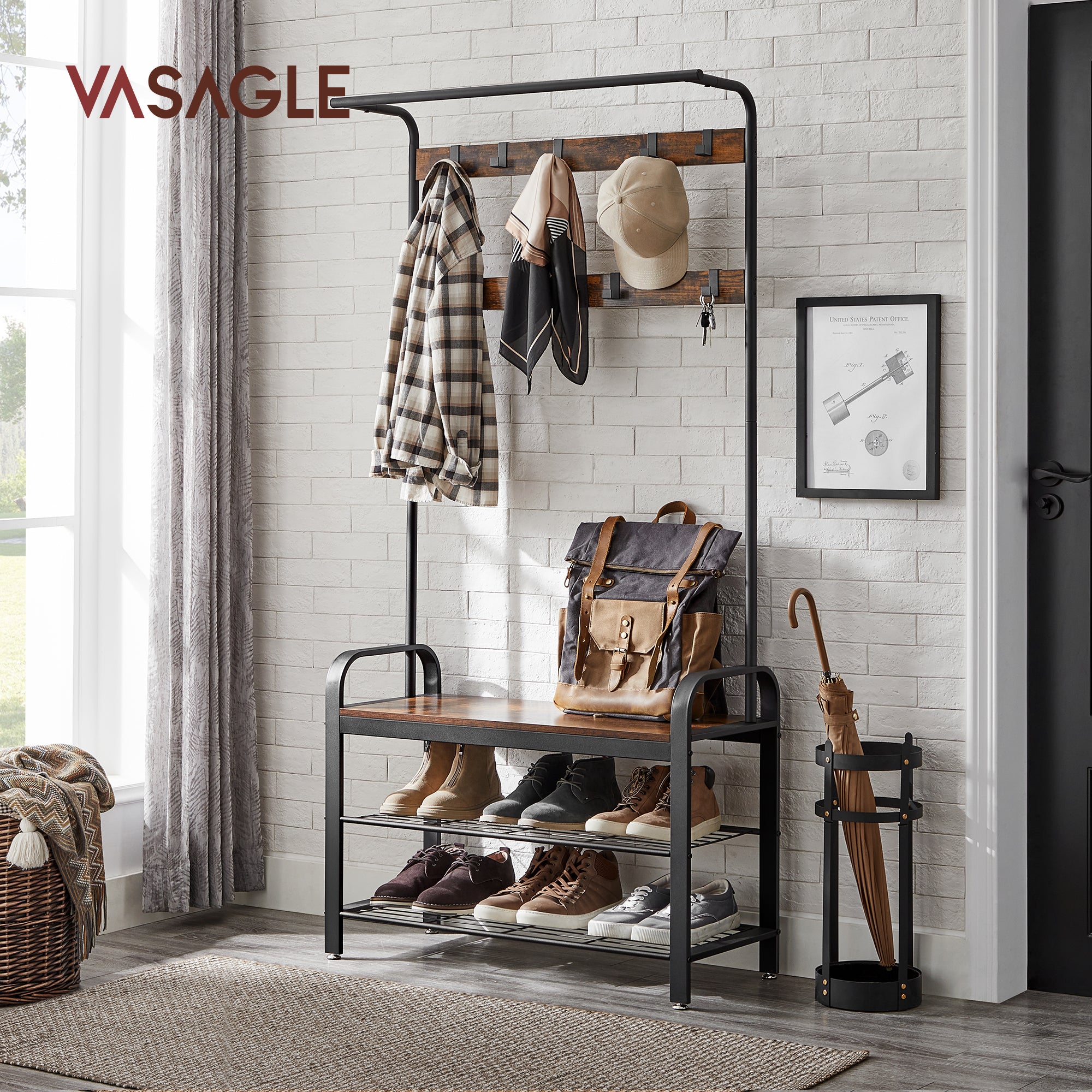Tavros - Hallway Coat Rack with Shoe Bench - Rustic Brown
