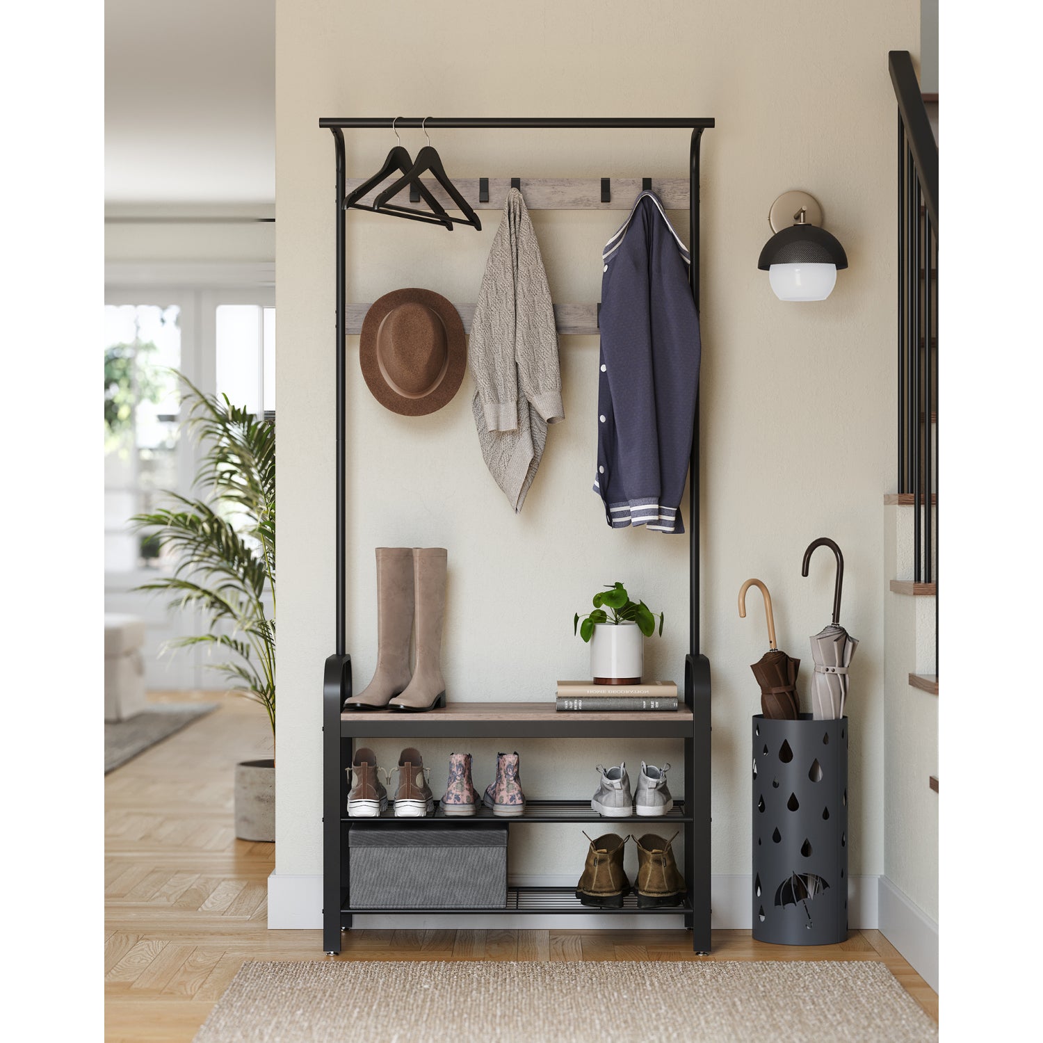 Tavros - Hallway coat rack with shoe bench - Greige