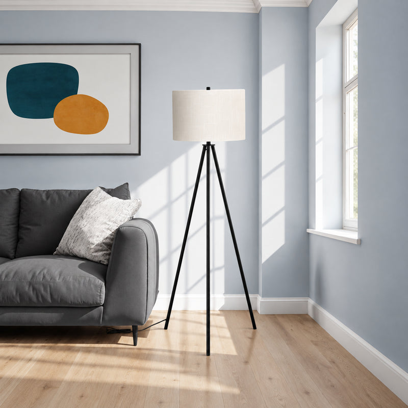Lampe sur pied trépied - 63"H / Métal noir / Ivoire - vue d’ambiance