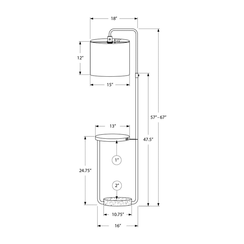 Lampe sur pied - 67"H / Métal noir / Beige / USB - schéma technique