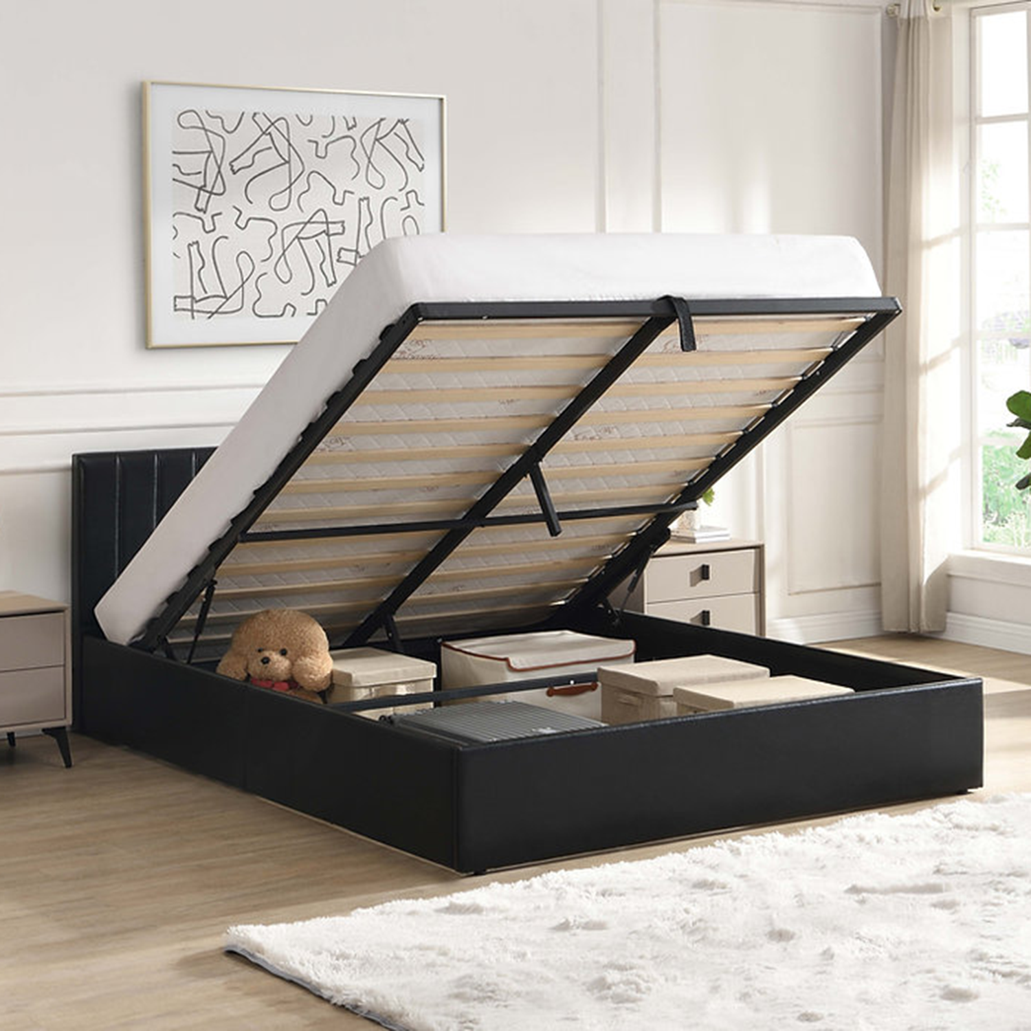 Norah - Lit Double avec rangement - Simili Cuir Noir