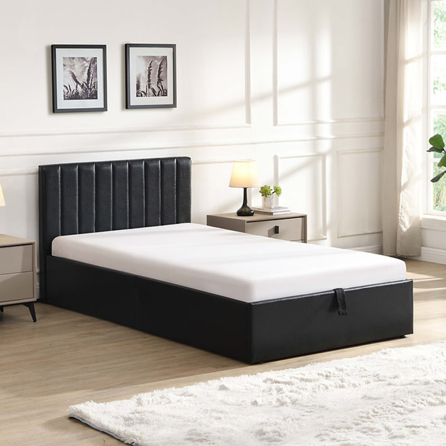 Norah - Lit Simple avec rangement - Simili Cuir Noir