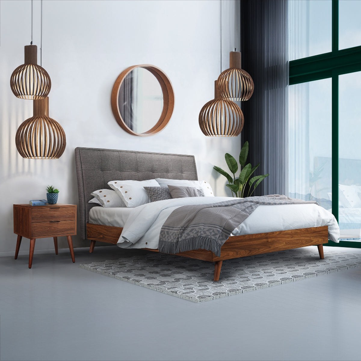 Todros - Lit King - Tissu Gris avec faux bois noyer