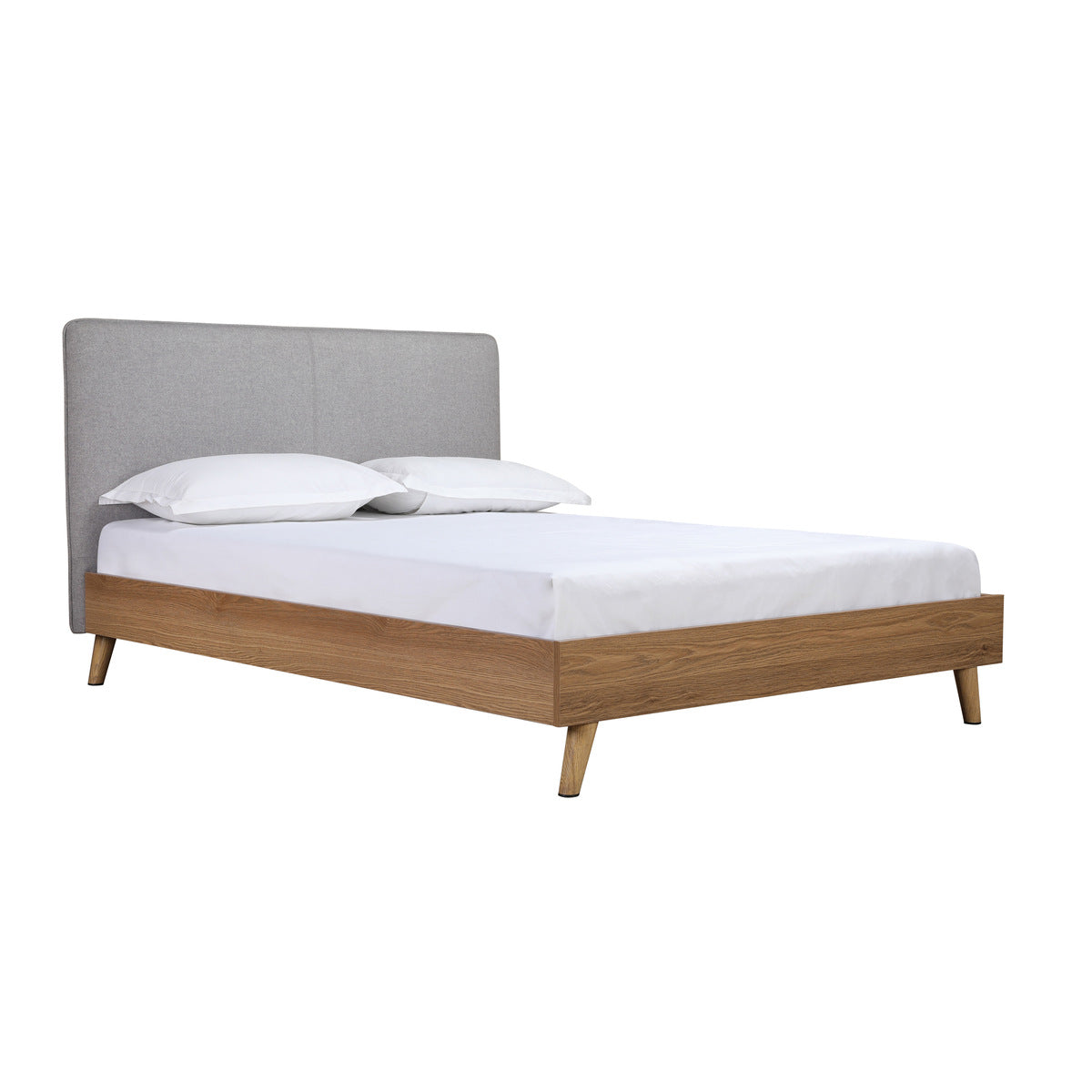 Cassidy - Queen Bed - Grey Fabric / Natural Brown Wood