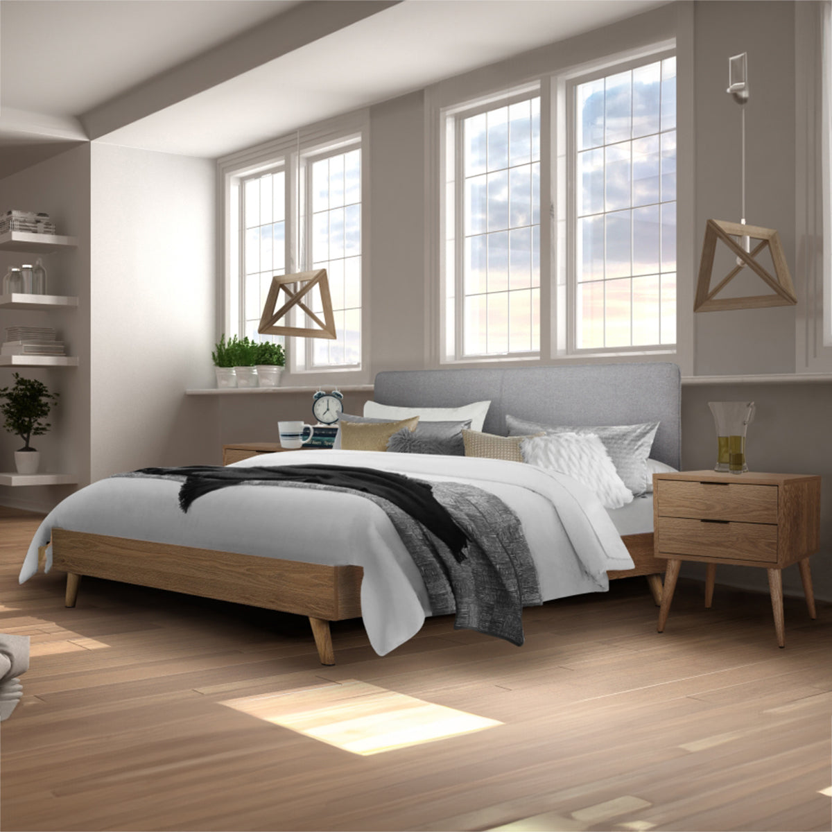 Cassidy - Queen Bed - Grey Fabric / Natural Brown Wood