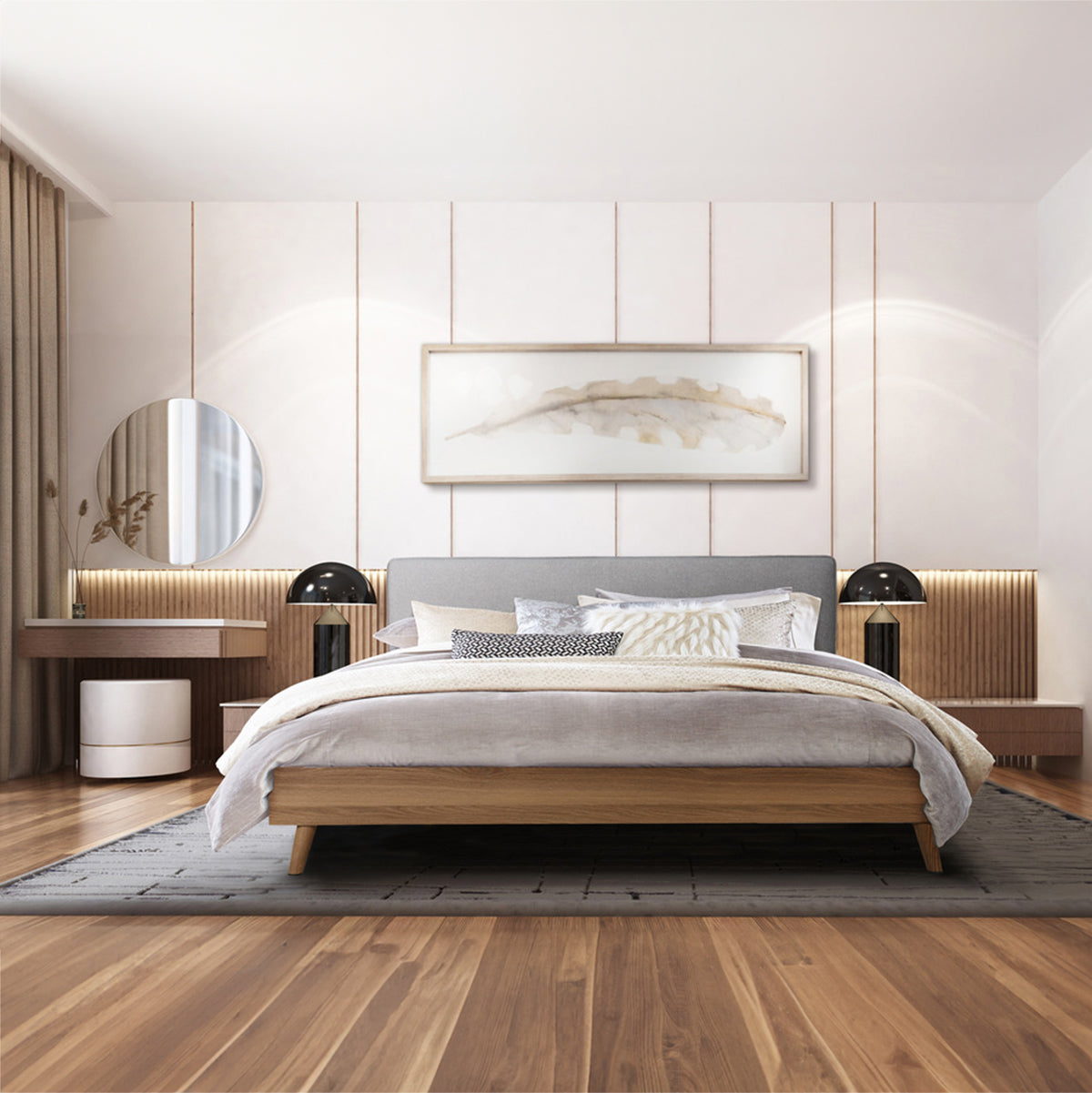 Cassidy - Queen Bed - Grey Fabric / Natural Brown Wood