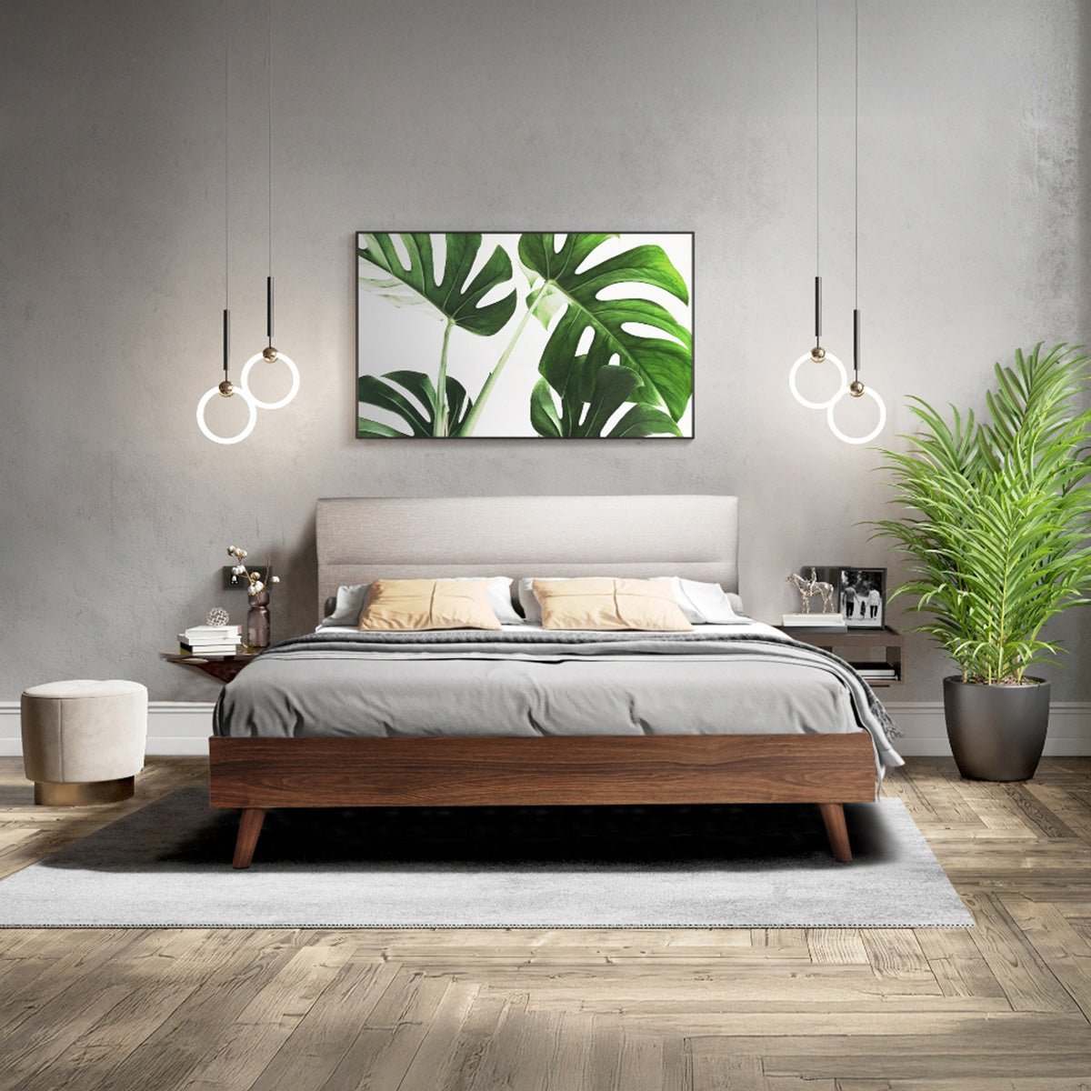 Fletcher - Lit King / Beige Pale et Noyer