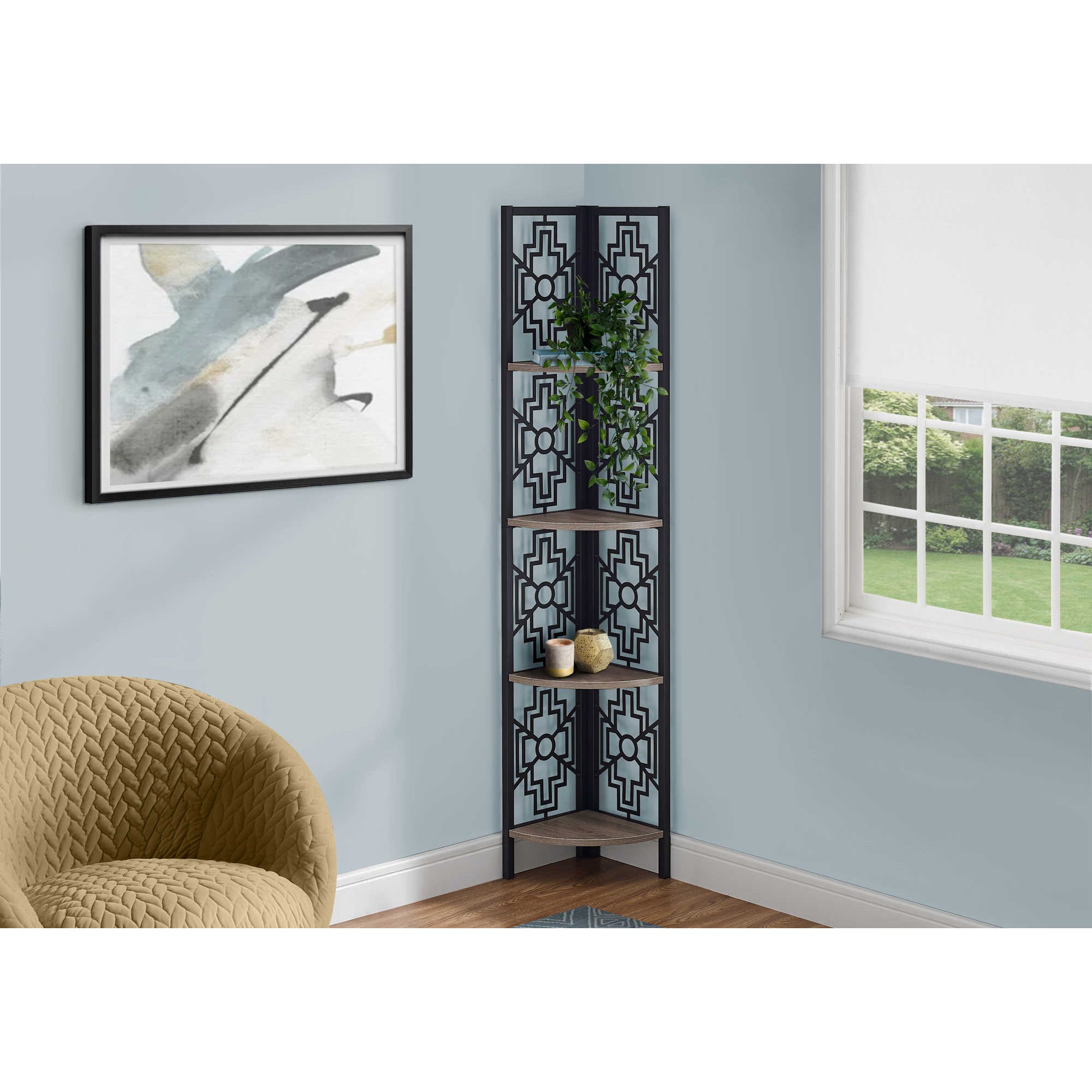 Corner Shelf Bookcase - 62"H / Dark Taupe / Black Metal Corner