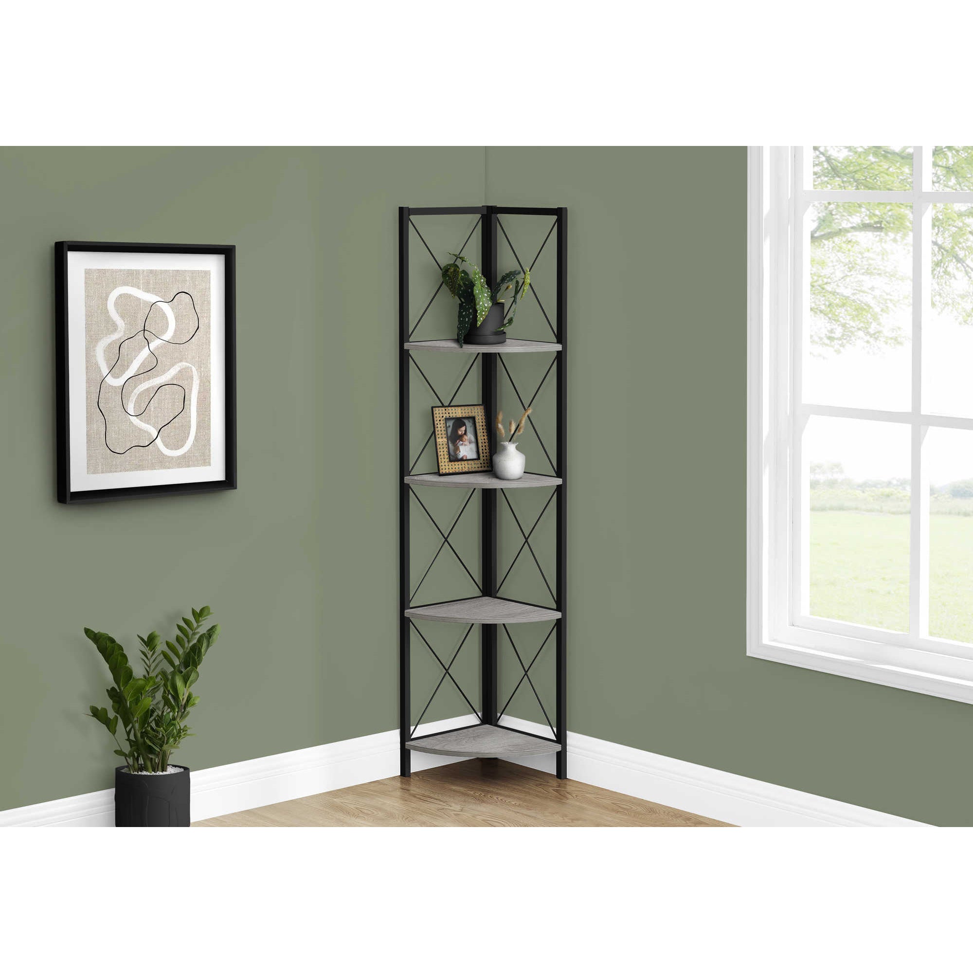 Corner Shelf Bookcase - 60"H / Gray / Black Metal