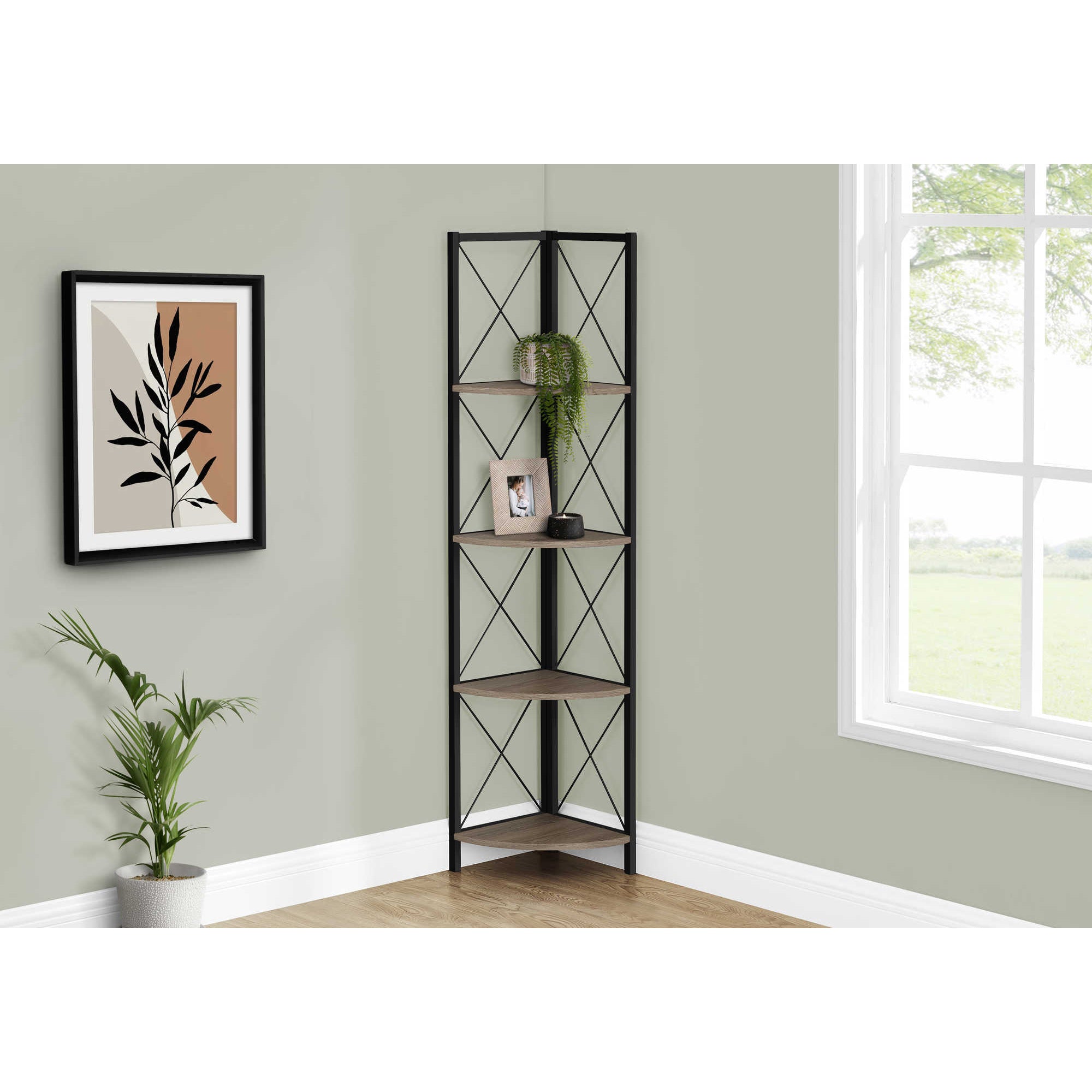 Corner Shelf Bookcase - 60"H / Dark Taupe / Black Metal