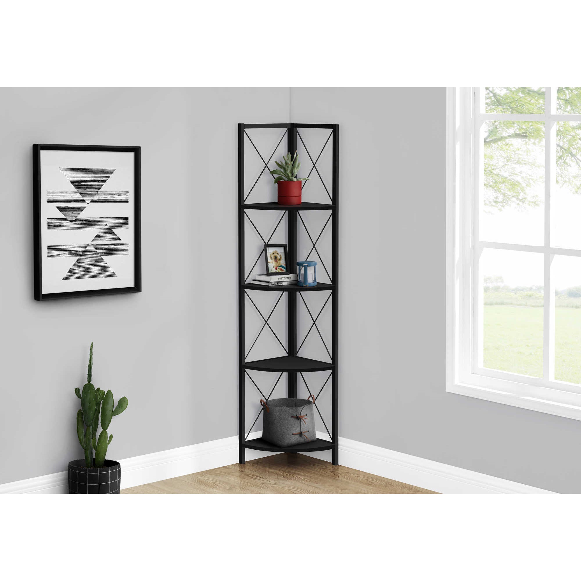 Corner Shelf Bookcase - 60"H / Black / Black Metal