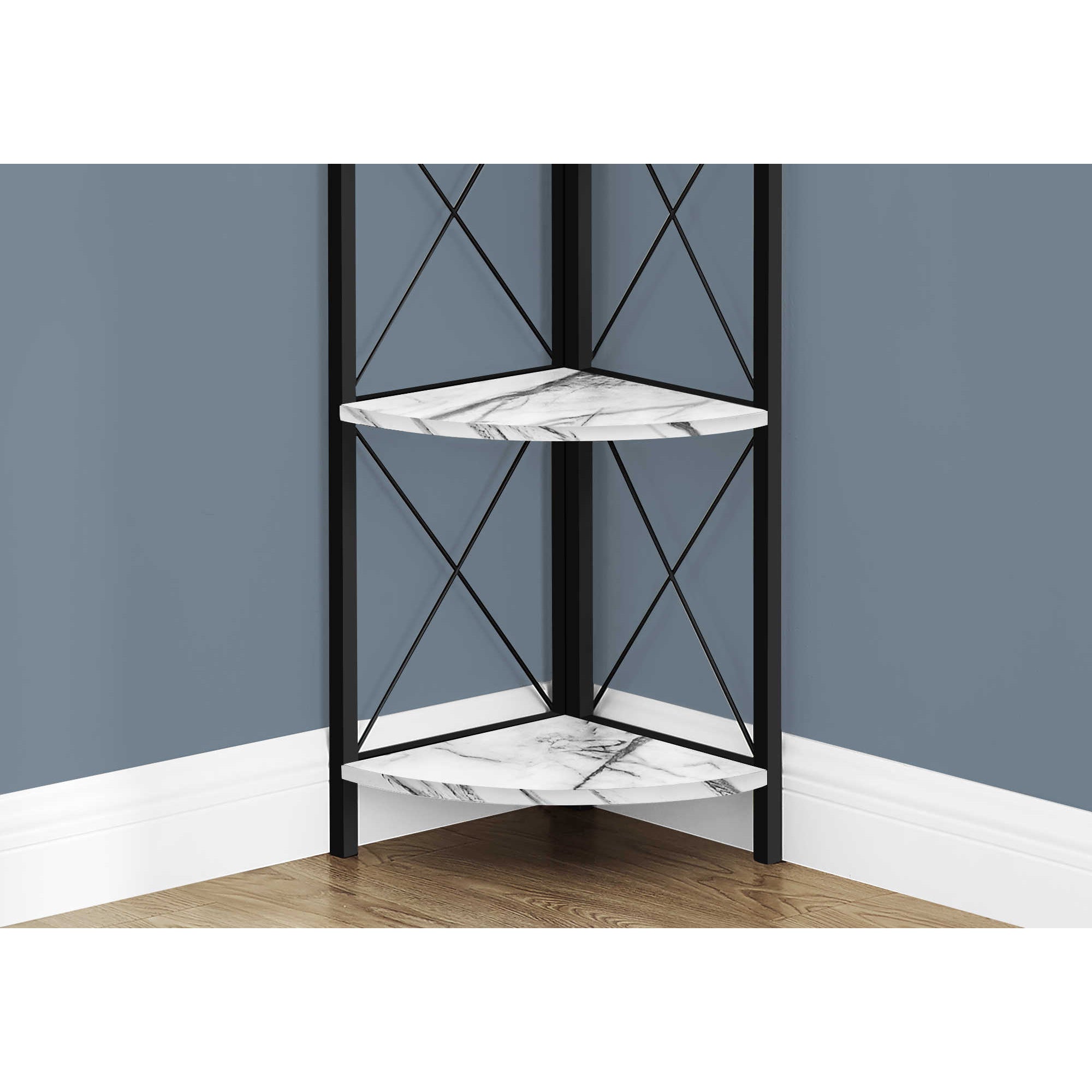 Corner Shelf Bookcase - 60"H / White Marble / Black Metal
