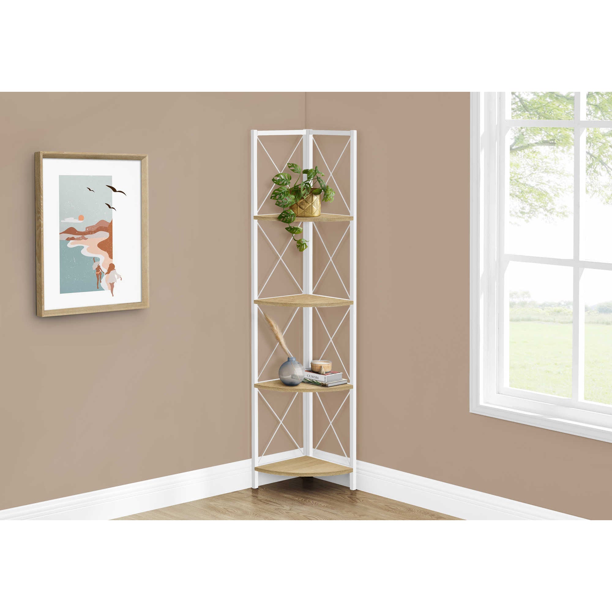 Corner Shelf Bookcase - 60"H / Natural / White Metal