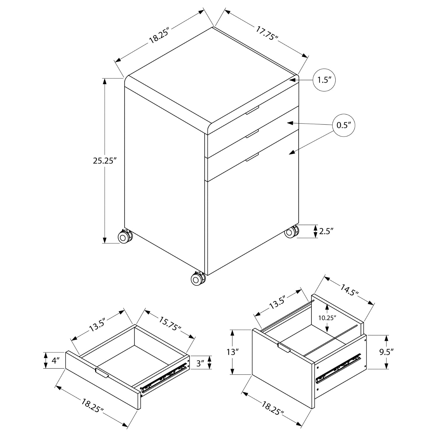 Filing Cabinet - 3 Drawers / Glossy White On Casters