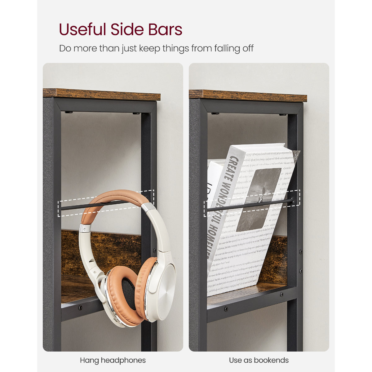 Bibliothèque - Étagère de rangement - 3 niveaux - Brun rustique et noir