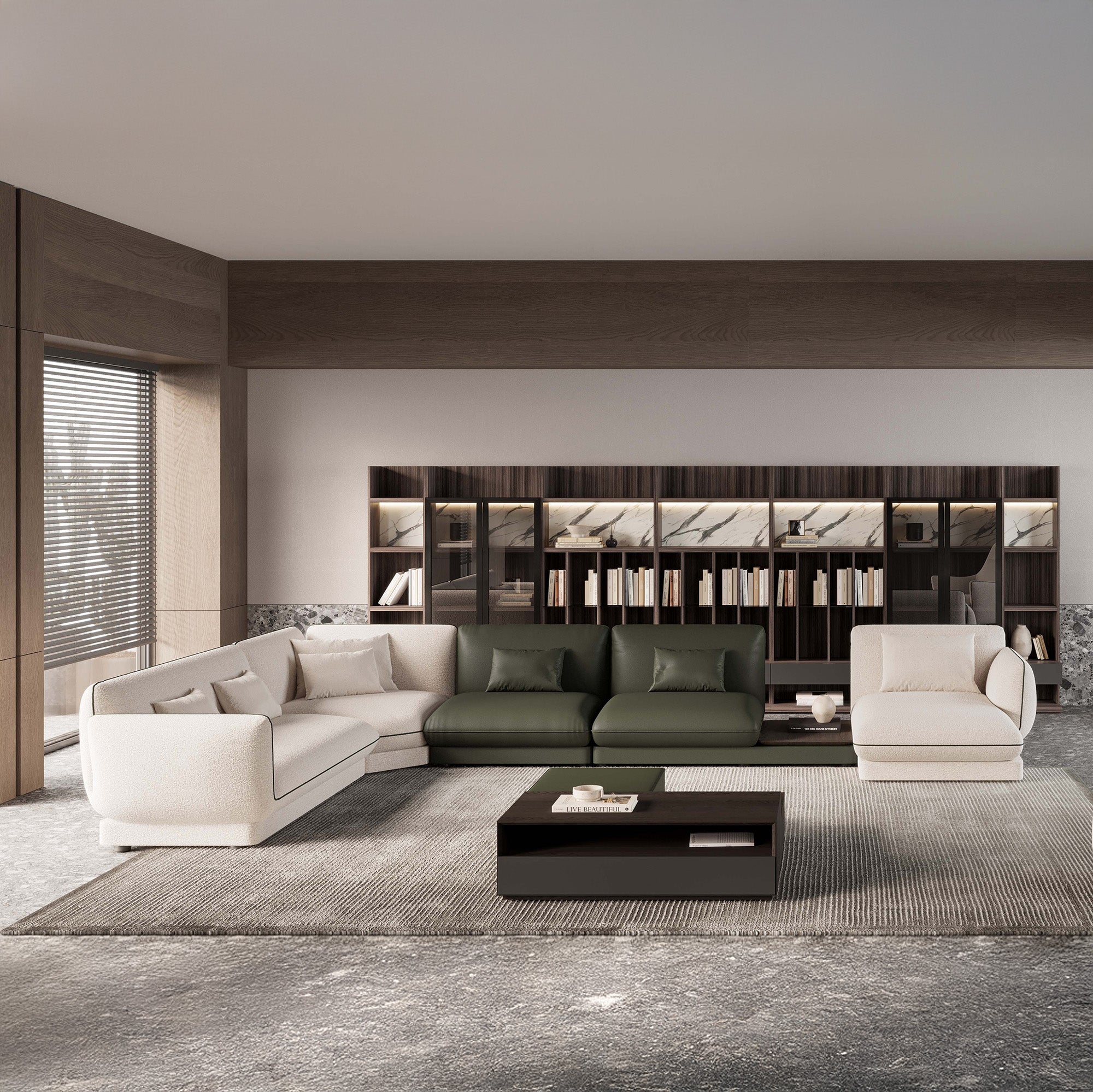 Loretta - Modular Sectional - Beige Fabric and Green Leather