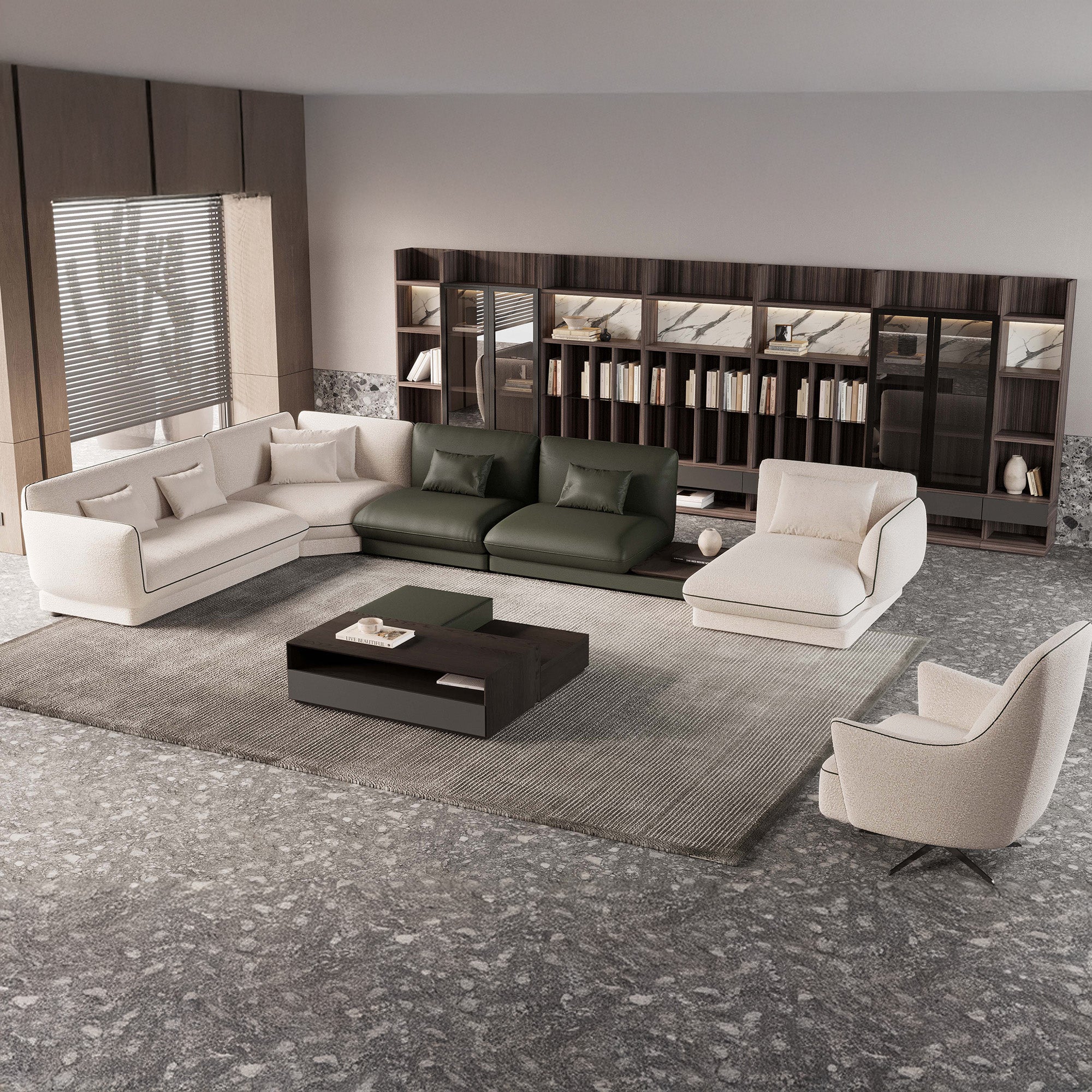 Loretta - Modular Sectional - Beige Fabric and Green Leather