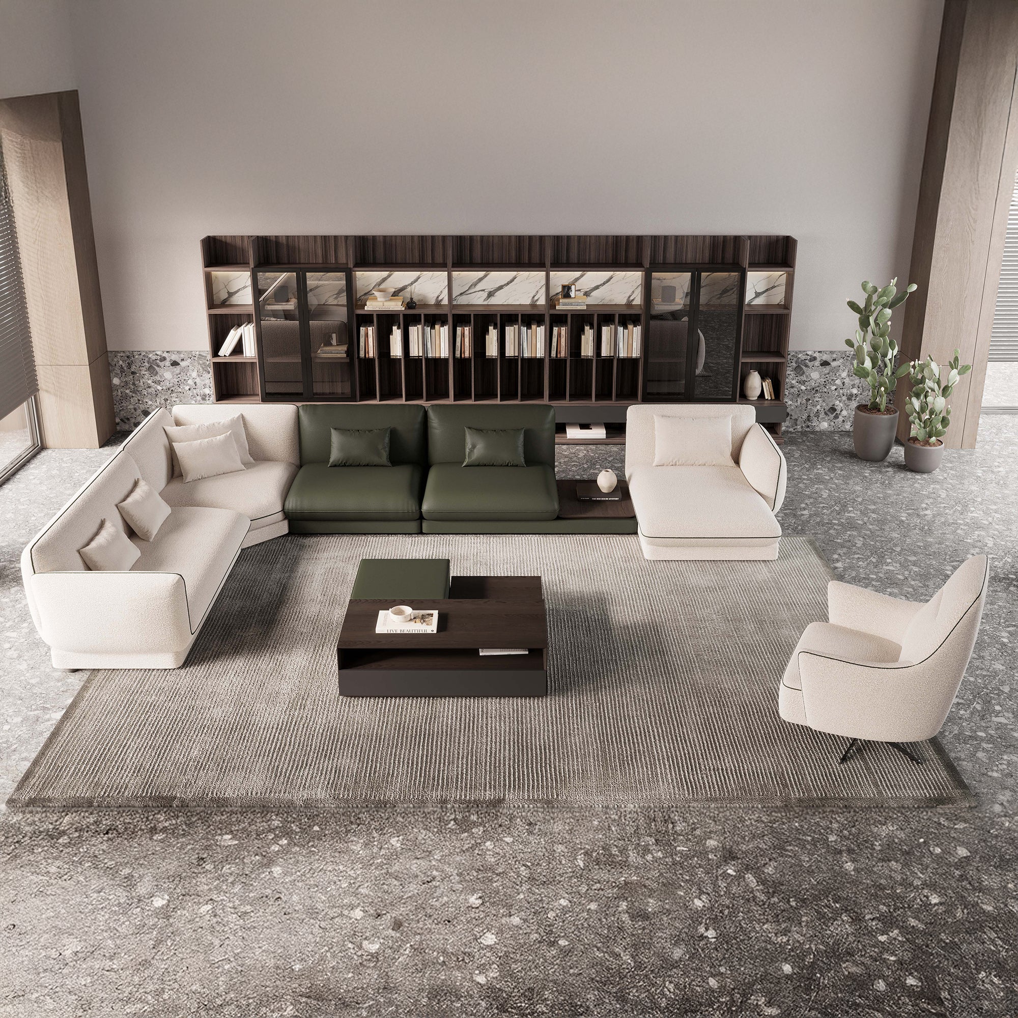 Loretta - Modular Sectional - Beige Fabric and Green Leather