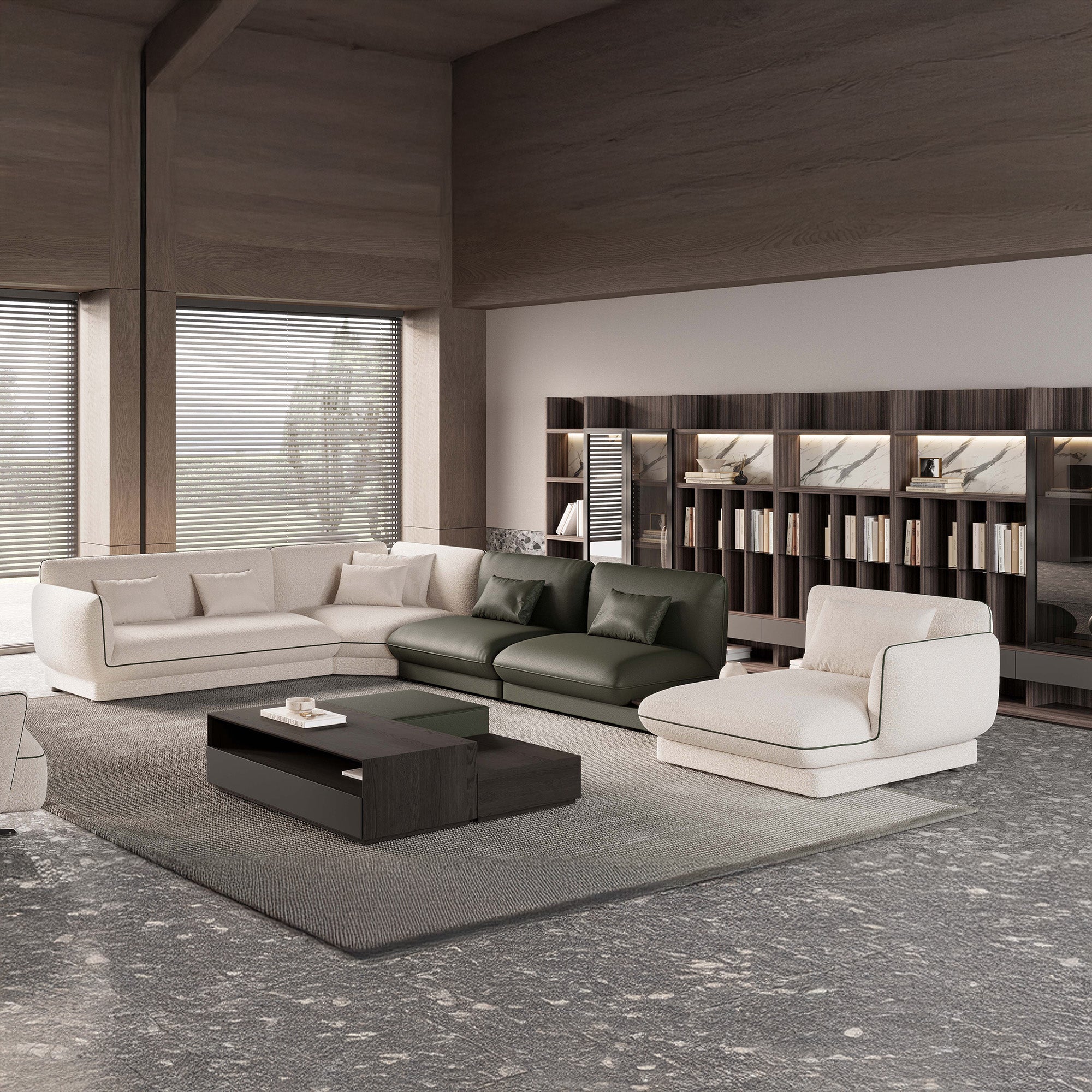 Loretta - Modular Sectional - Beige Fabric and Green Leather