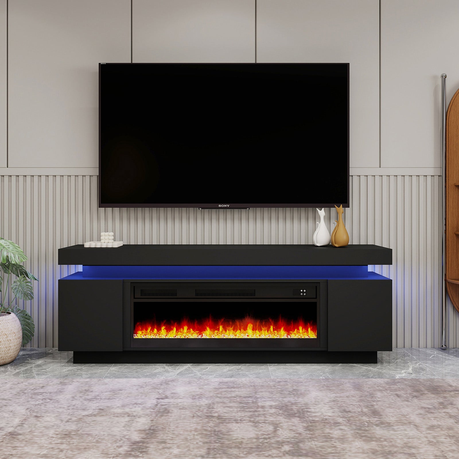 Paula - LED TV Stand with Fireplace - Entertainment Unit - Glossy Black - 67 in.