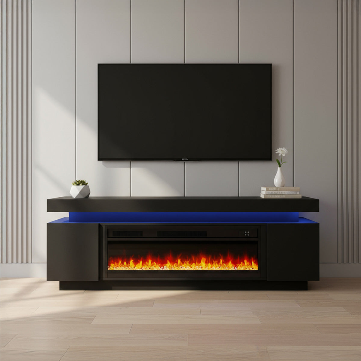 Paula - LED TV Stand with Fireplace - Entertainment Unit - Glossy Black - 67 in.