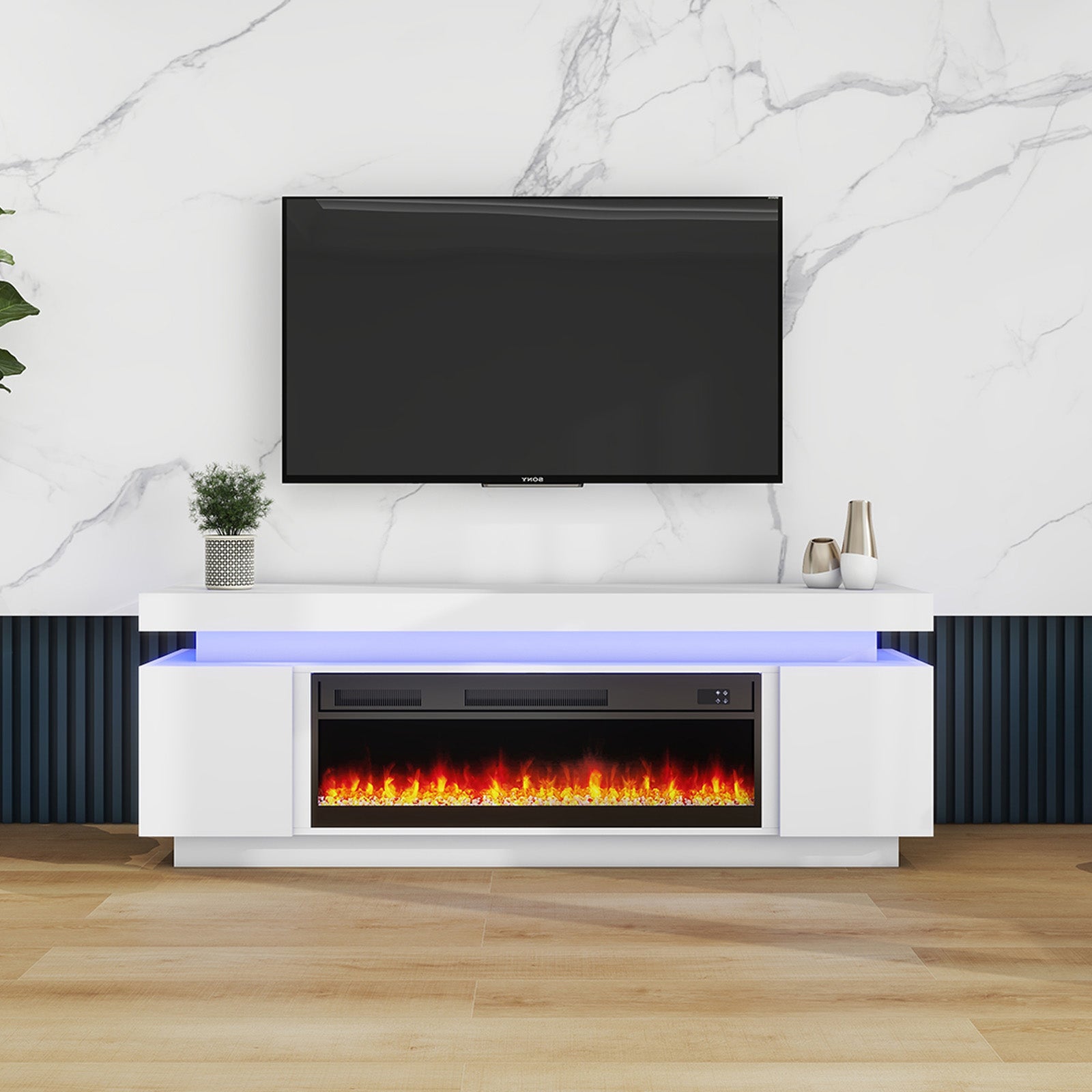 Paula - LED TV Stand with Fireplace - Entertainment Unit - Glossy White - 67 in.