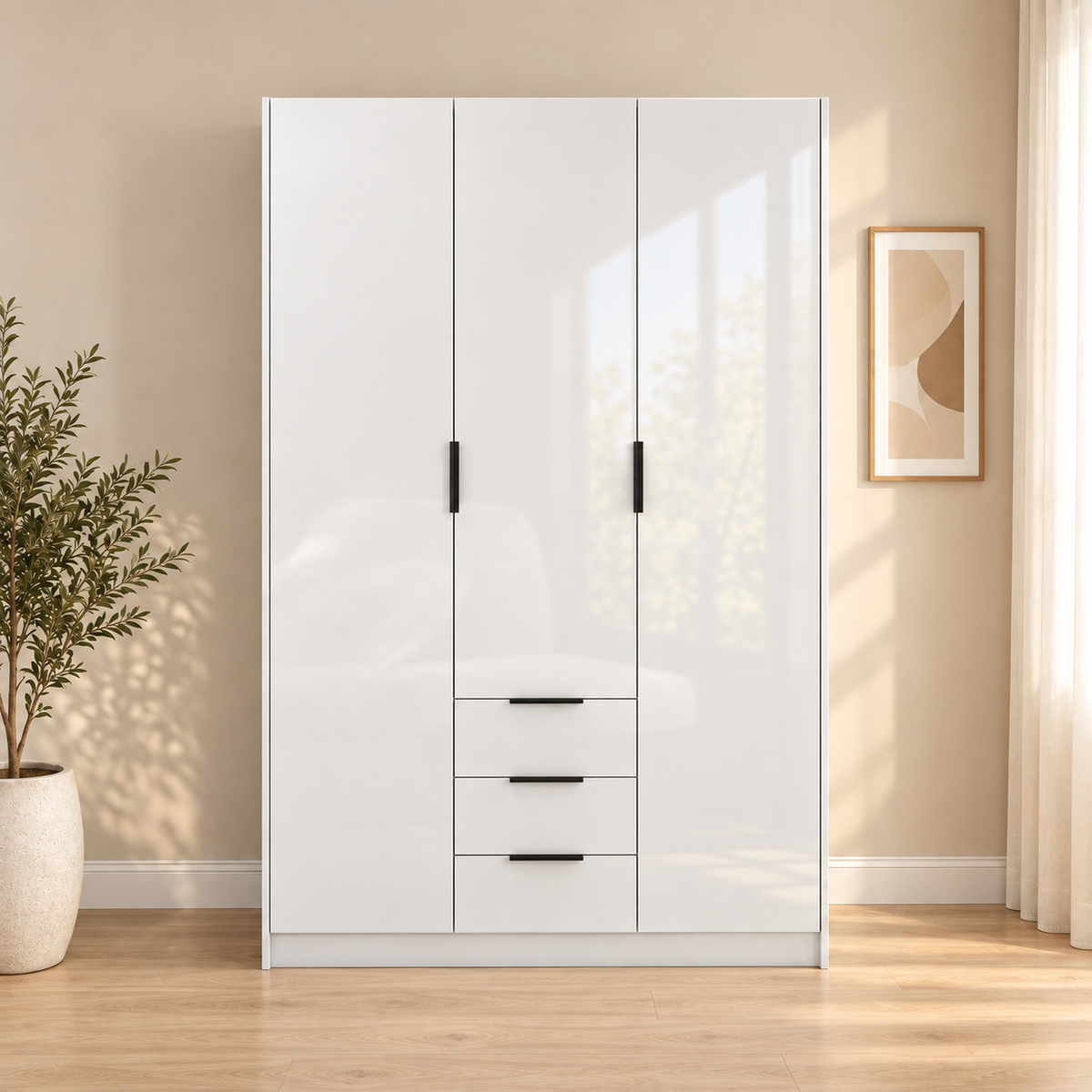 Vox - Armoire - 3 Portes et 3 Tiroirs - Blanc Lustré