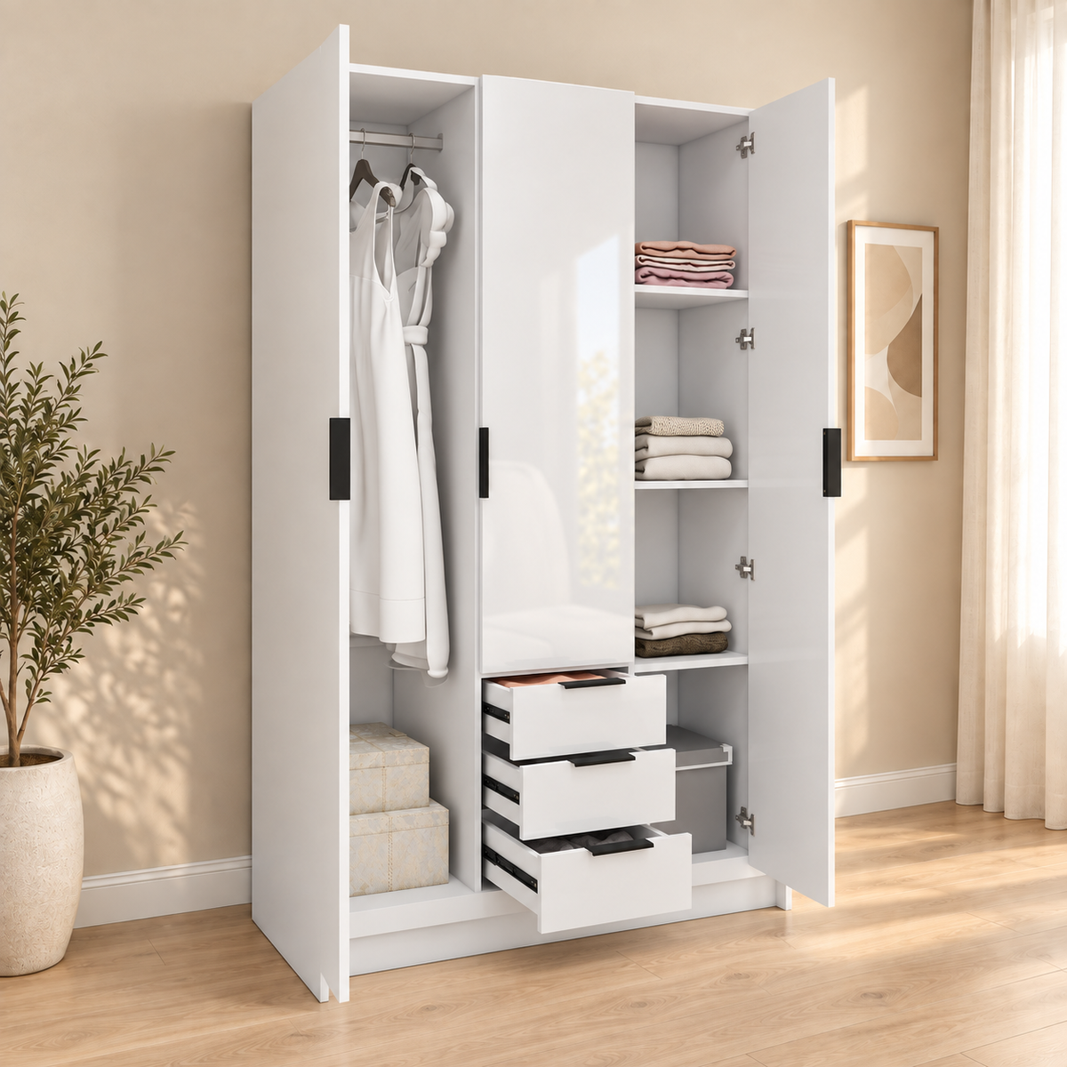 Vox - Armoire - 3 Portes et 3 Tiroirs - Blanc Lustré
