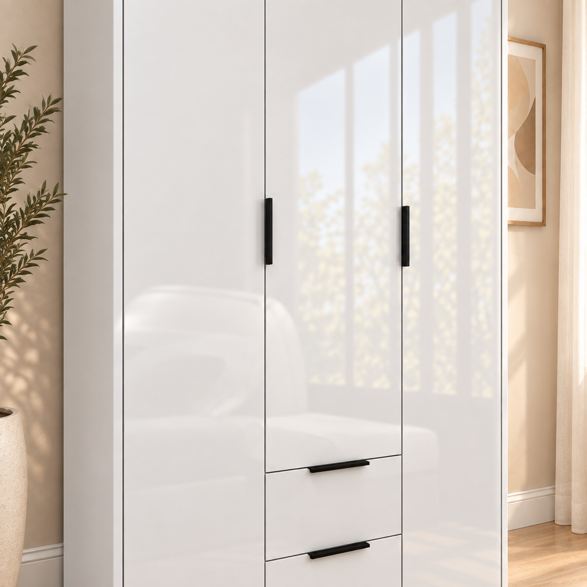 Vox - Armoire - 3 Portes et 3 Tiroirs - Blanc Lustré