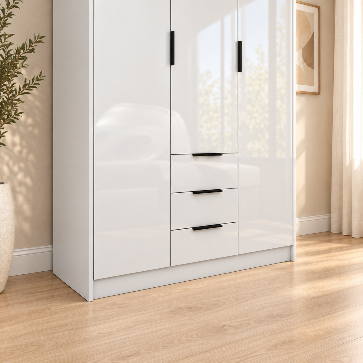 Vox - Armoire - 3 Portes et 3 Tiroirs - Blanc Lustré
