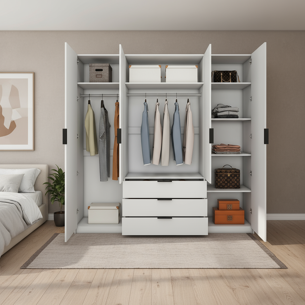 Vyx - Wardrobe - 4 Doors and 3 Drawers - Glossy White