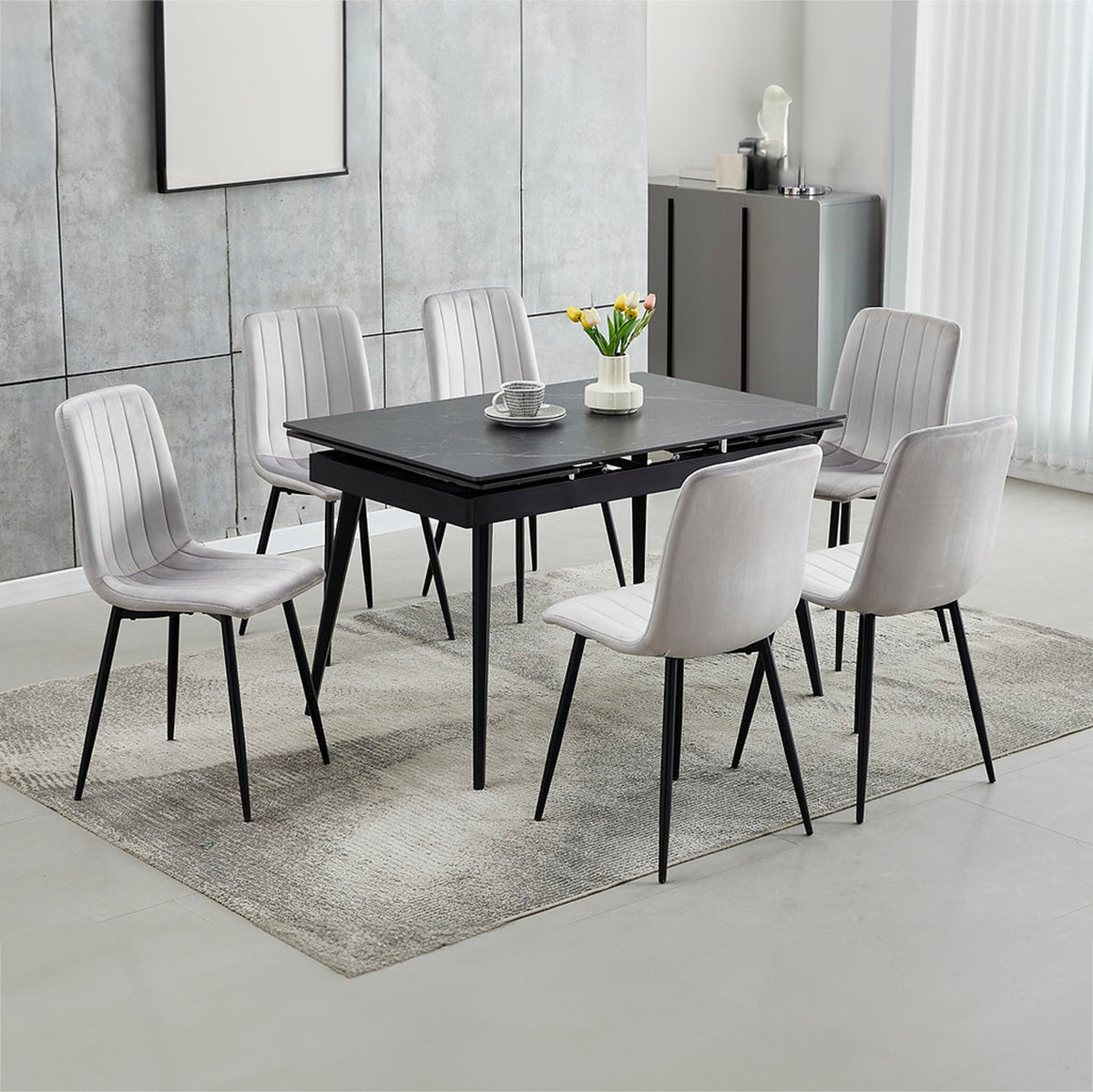 Dante/Noa - Dining Set - Black Marble / Light Grey Velvet