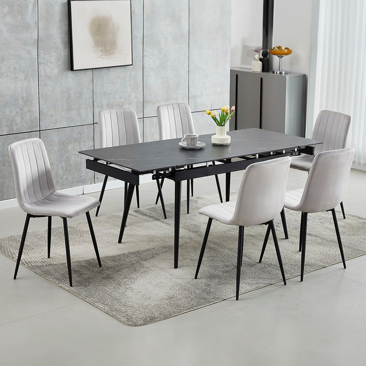 Dante/Noa - Dining Set - Black Marble / Light Grey Velvet