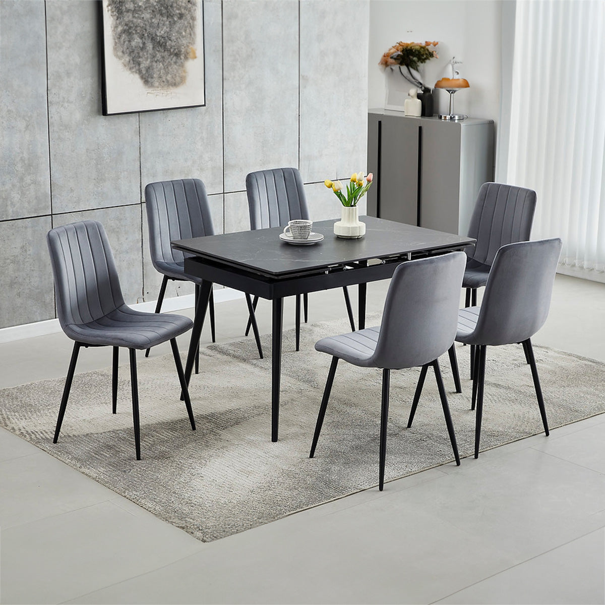 Dante/Noa - Dining Room Set - Black Marble / Dark Grey Velvet