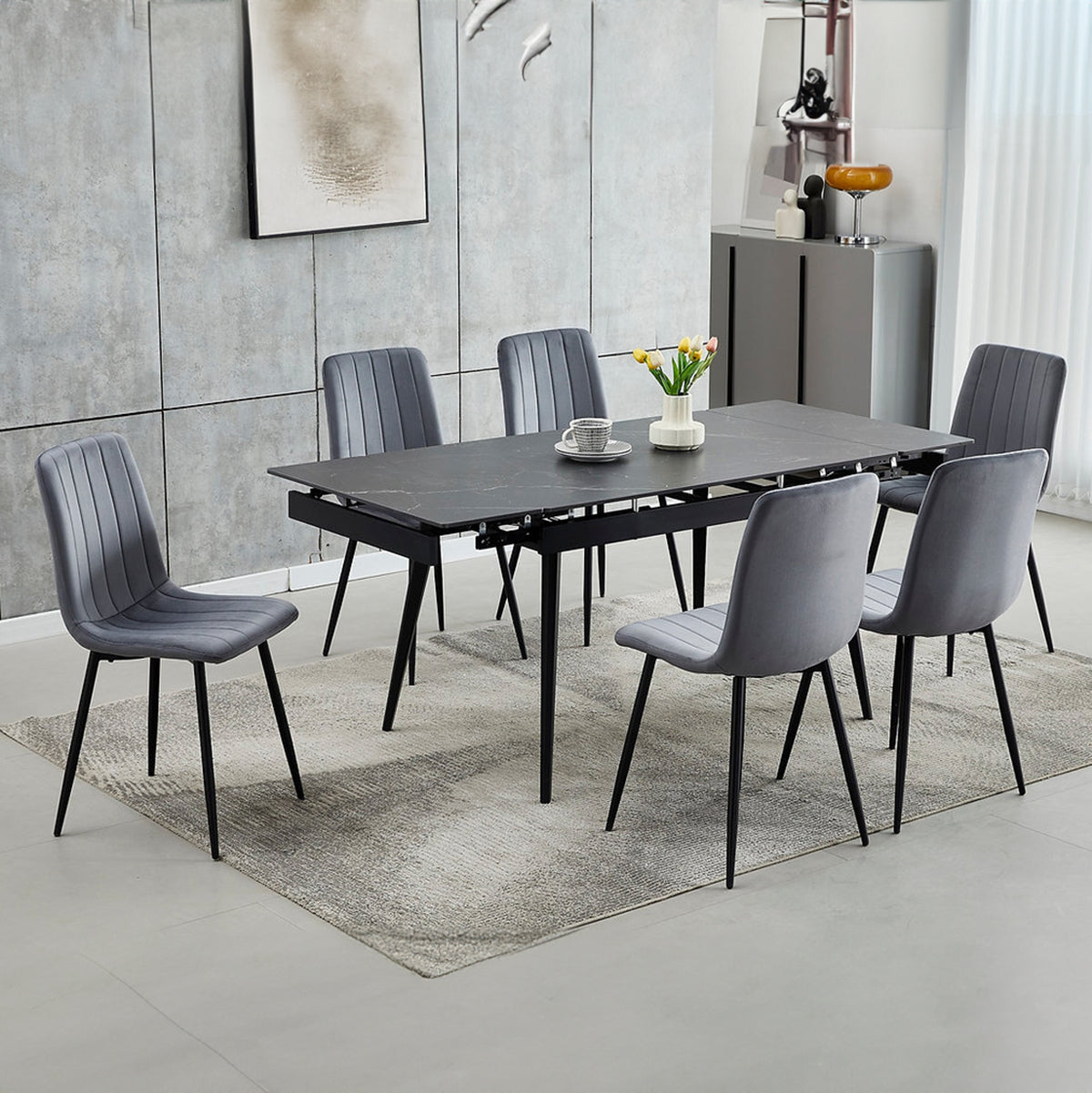 Dante/Noa - Dining Room Set - Black Marble / Dark Grey Velvet