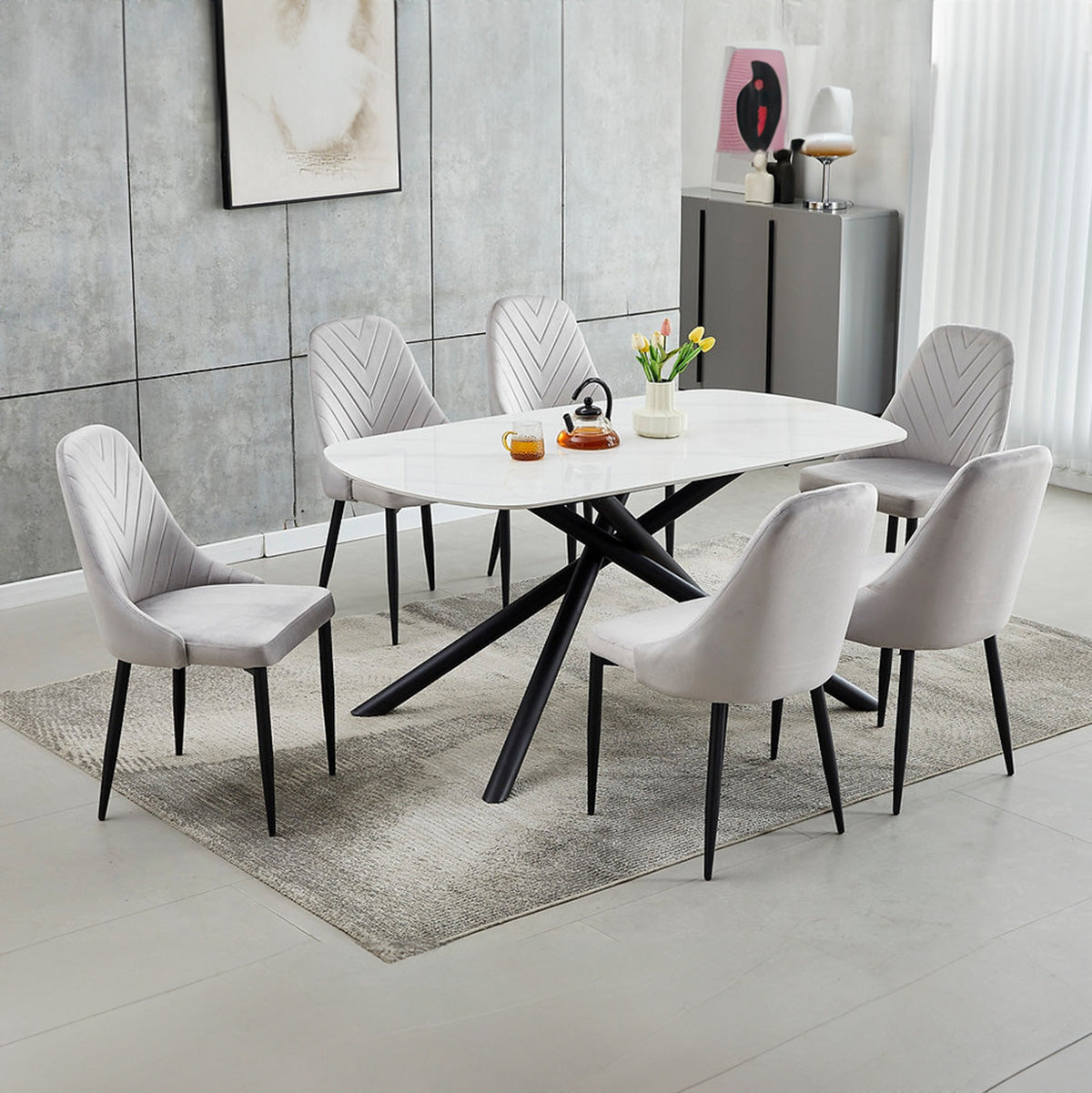 Lucille/Selva - Dining Room Set - White Marble / Light Grey Velvet