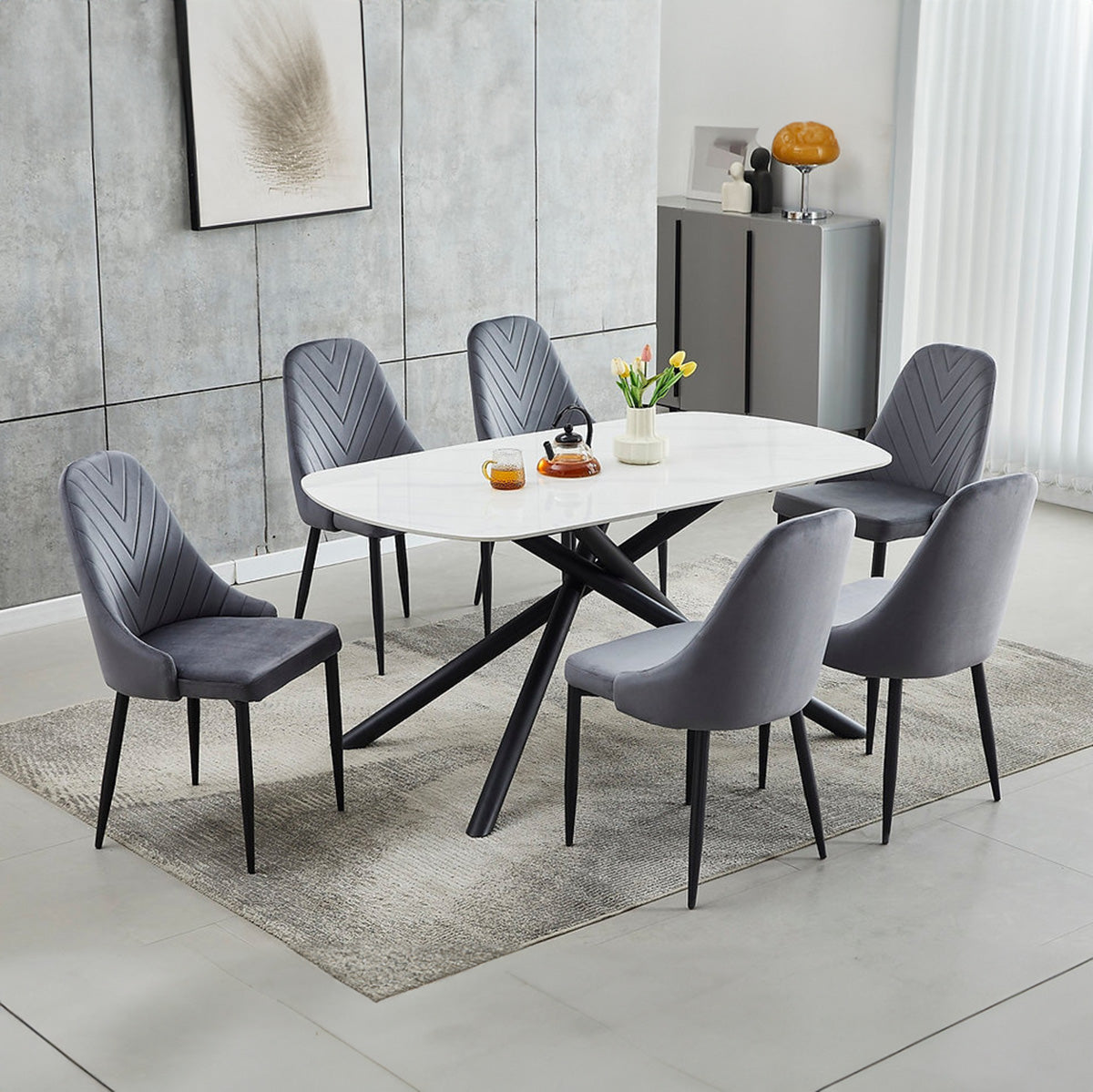 Lucille/Selva - Dining Room Set - White Marble / Dark Grey Velvet