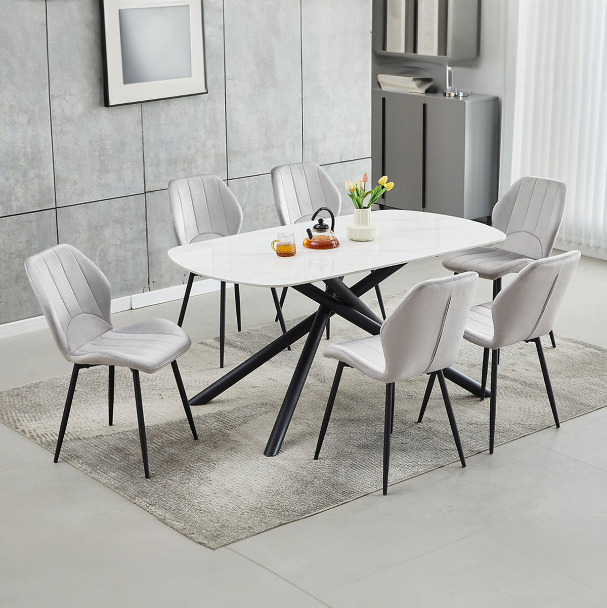 Lucille/Mira - Dining Room Set - White Marble / Light Grey Velvet