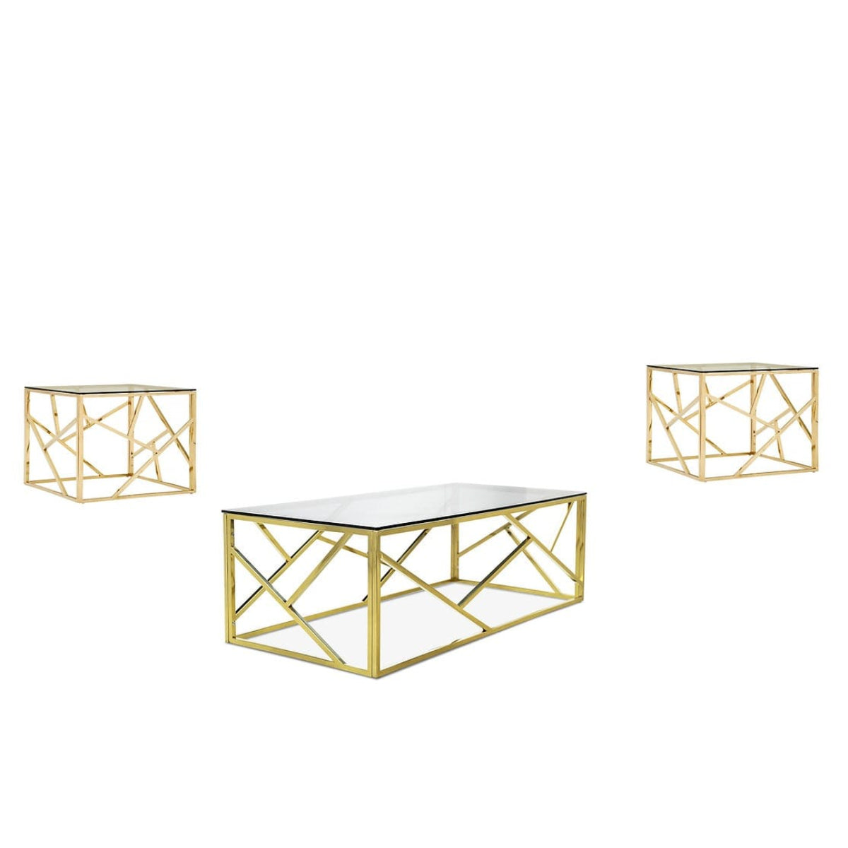 Coffee table set - 3 pieces - Tempered glass and gold