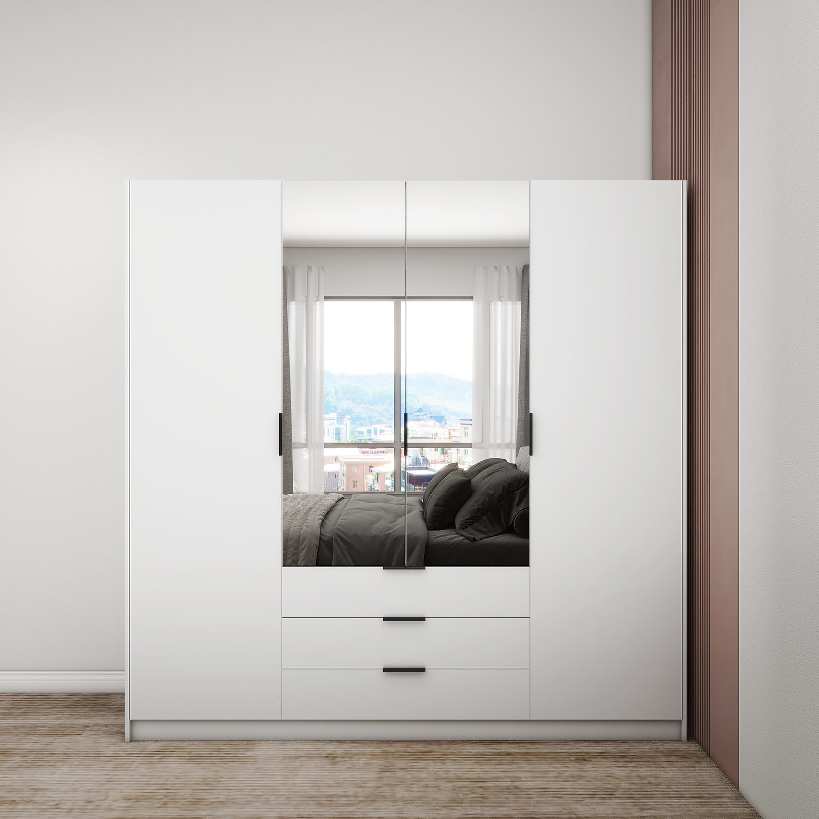 Vyx - Wardrobe - 4 Doors and 3 Drawers - Glossy White