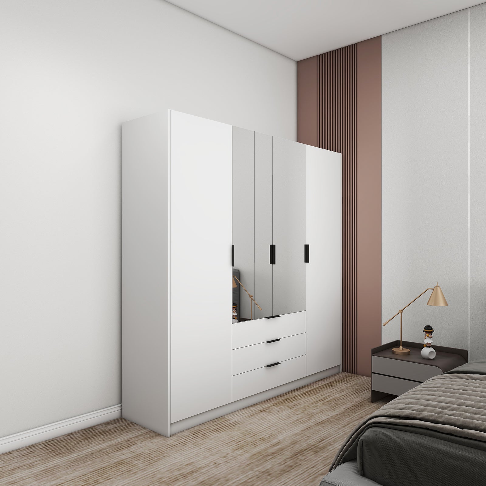Vyx - Wardrobe - 4 Doors and 3 Drawers - Glossy White