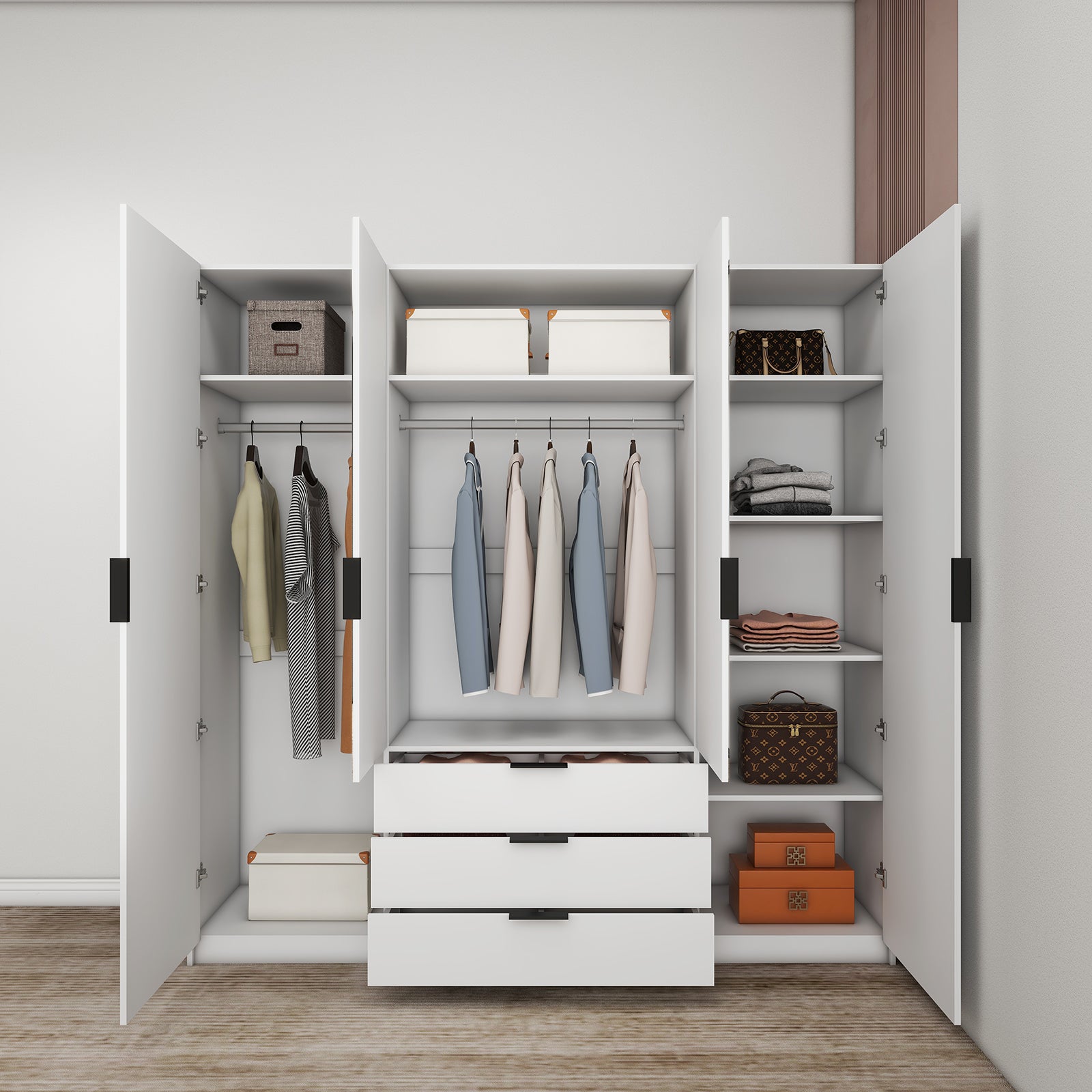 Vyx - Wardrobe - 4 Doors and 3 Drawers - Glossy White