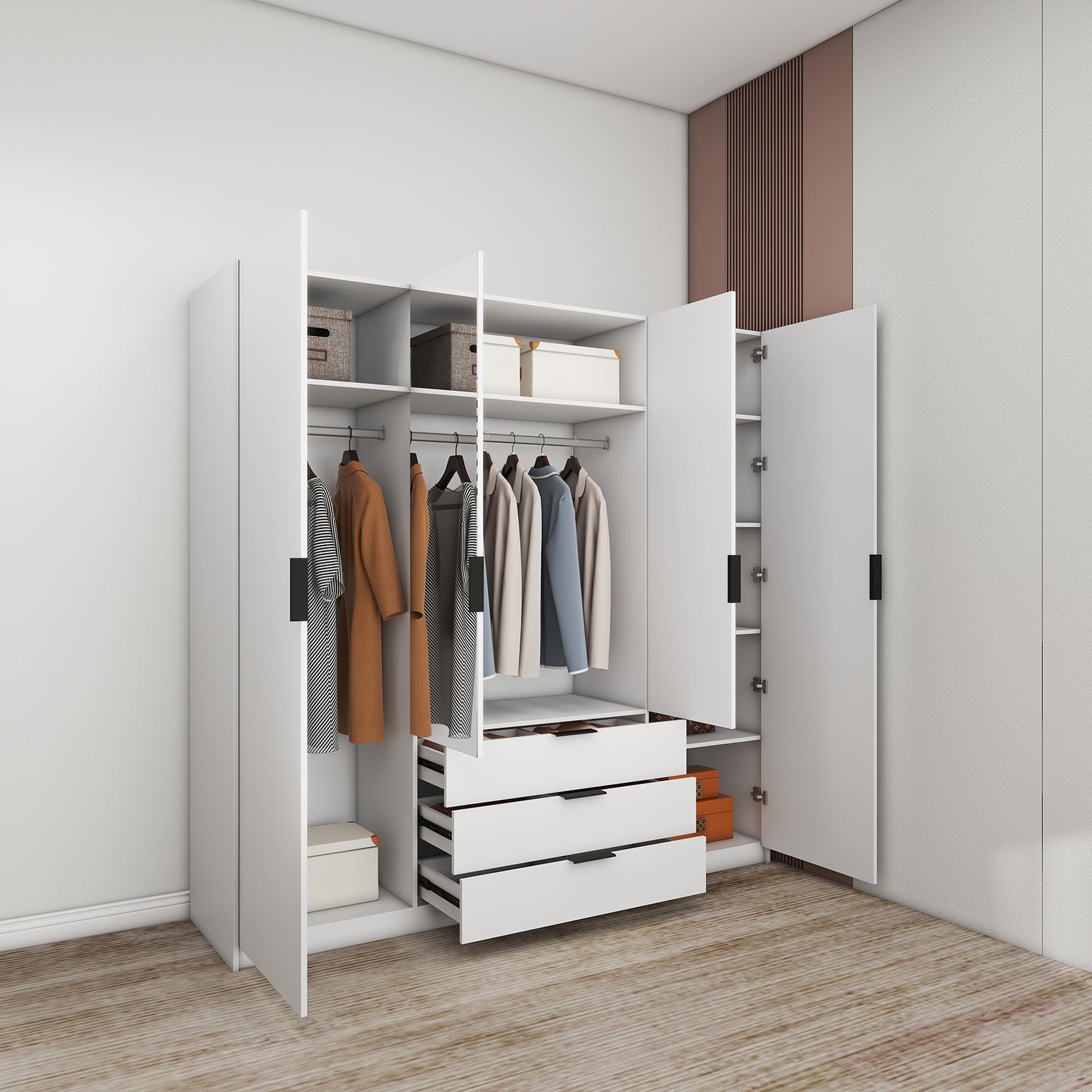 Vyx - Wardrobe - 4 Doors and 3 Drawers - Glossy White