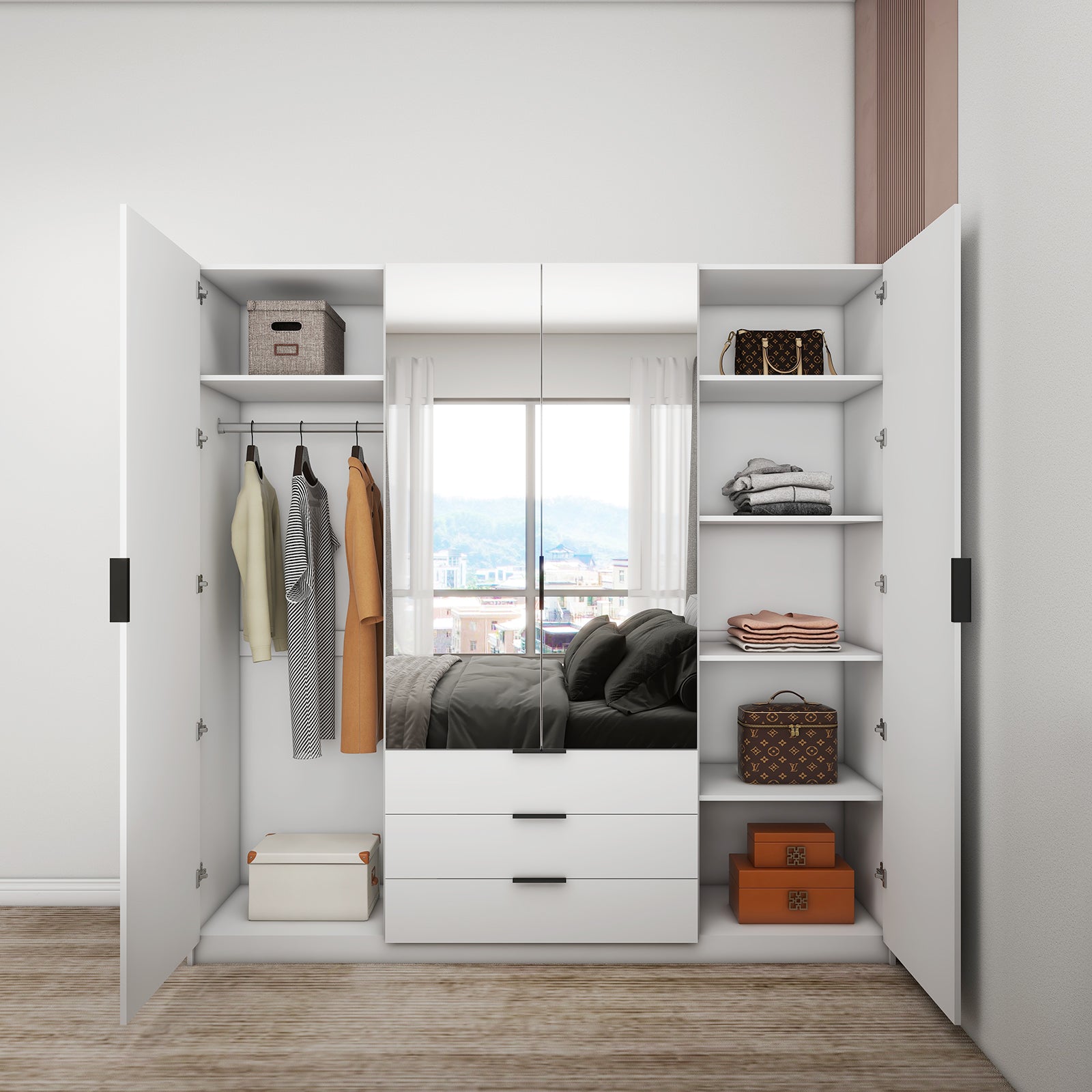 Vyx - Wardrobe - 4 Doors and 3 Drawers - Glossy White