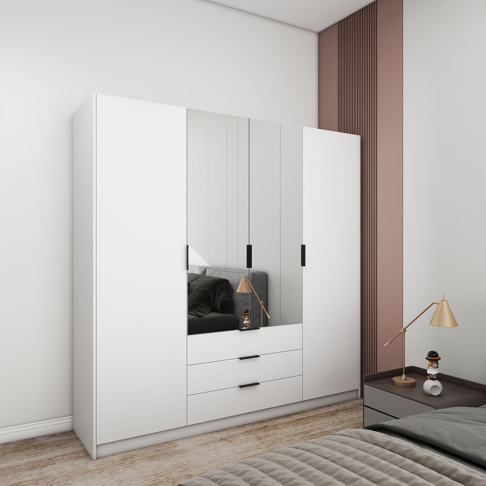 Vyx - Wardrobe - 4 Doors and 3 Drawers - Glossy White